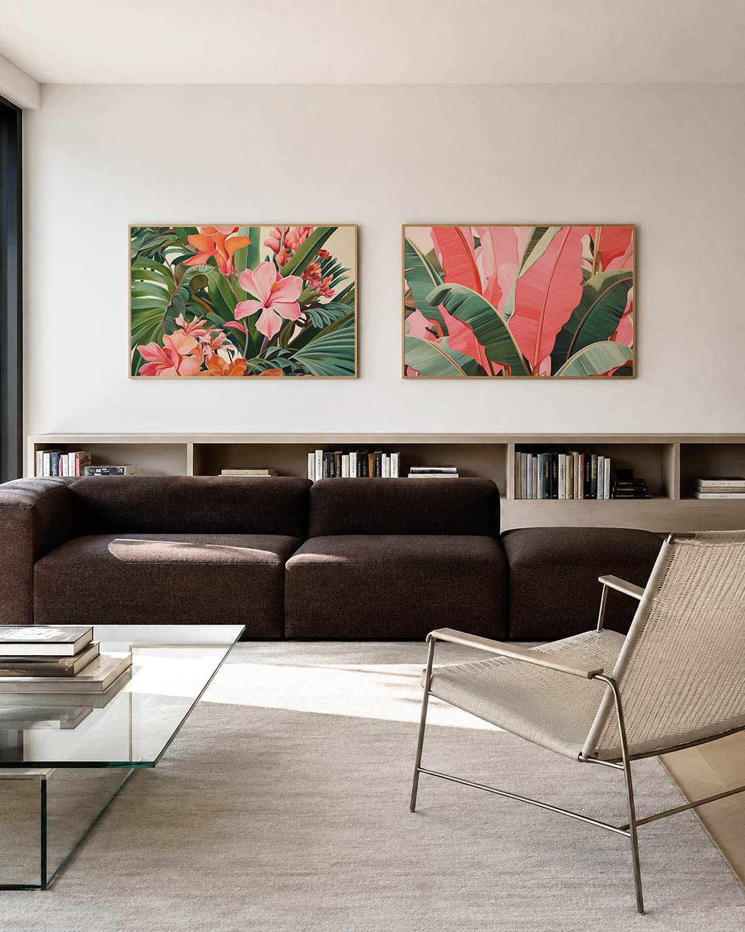 Interieurbeeld met twee liggende posters: een levendige verzameling van grote, kleurrijke bloemen en weelderige bladeren