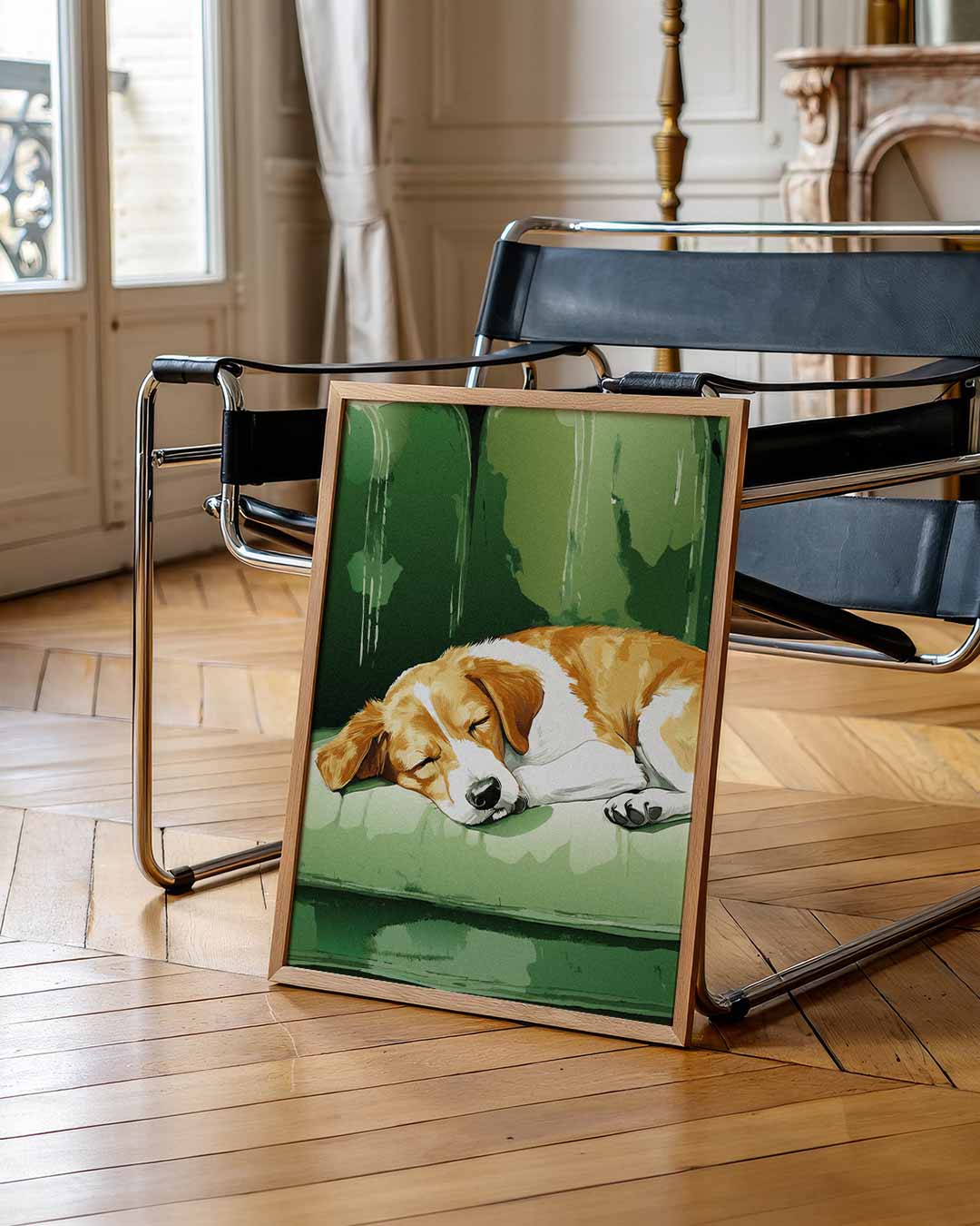 Slapende Hond op Groene Bank Poster-WallArtistic