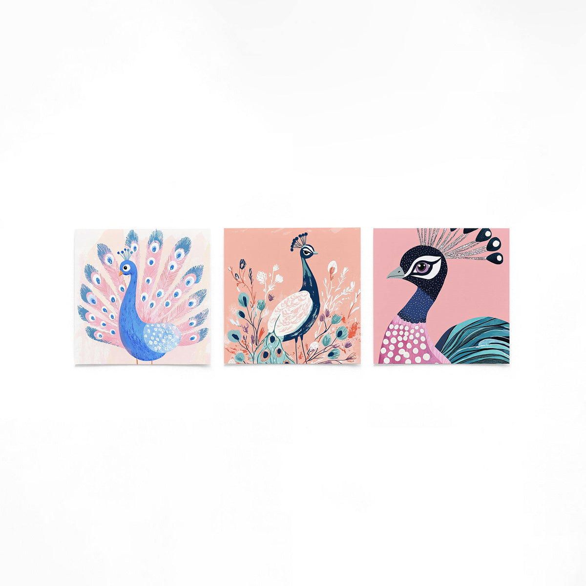 Drie vierkante posters met kleurrijke pauwen op een gebroken witte achtergrond