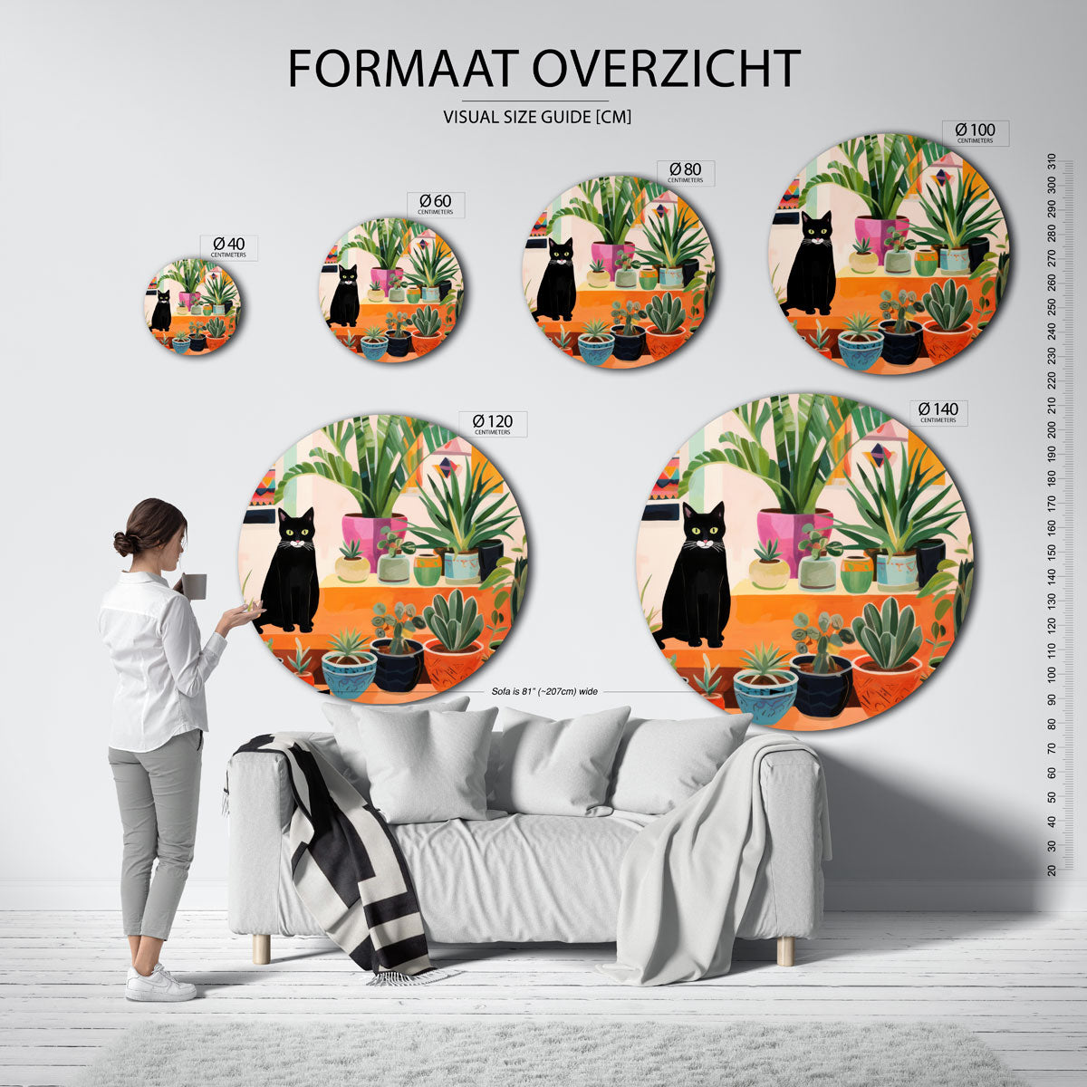 Zwarte kat met planten Muurcirkel