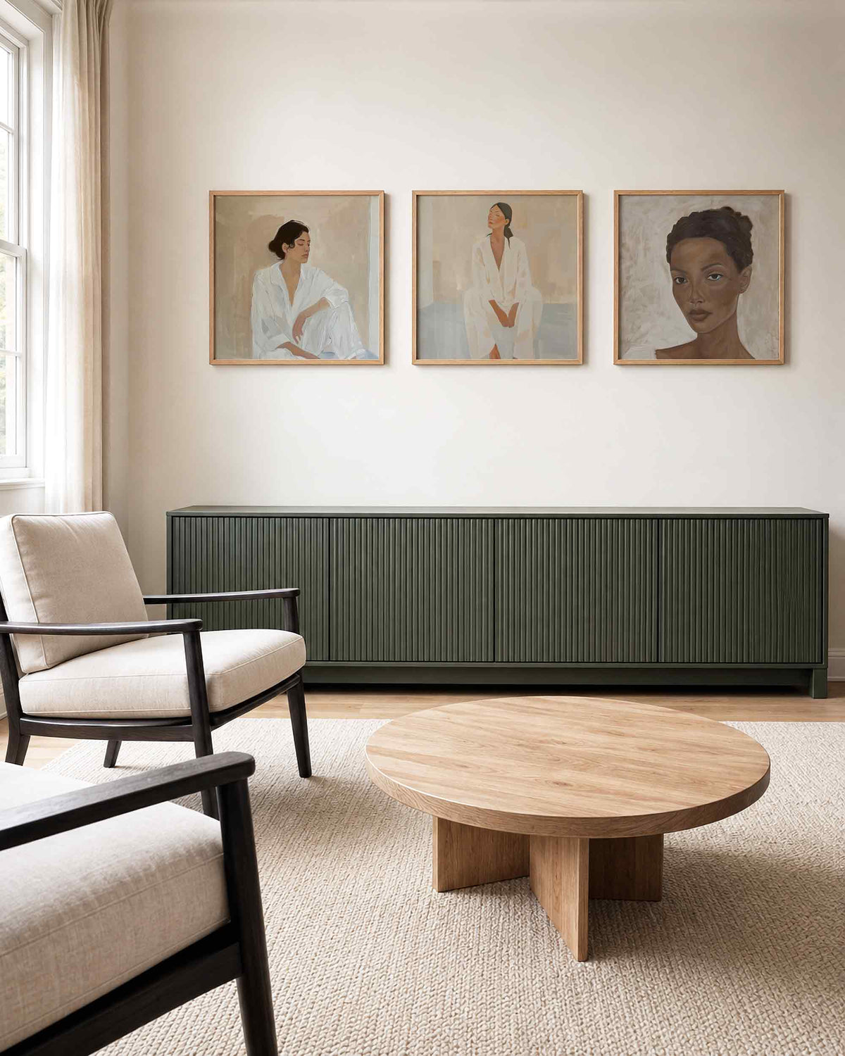 Interieurpresentatie van een driedelige vierkante posterset met vrouwenportretten