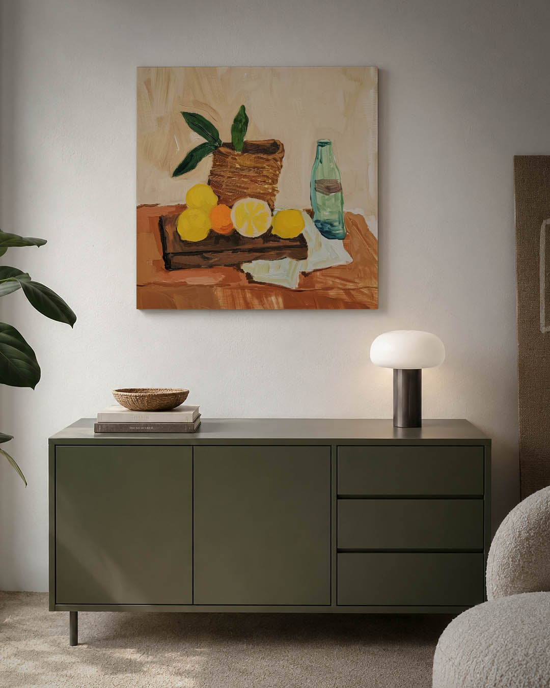 Fruit en fles compositie Kunstwerk