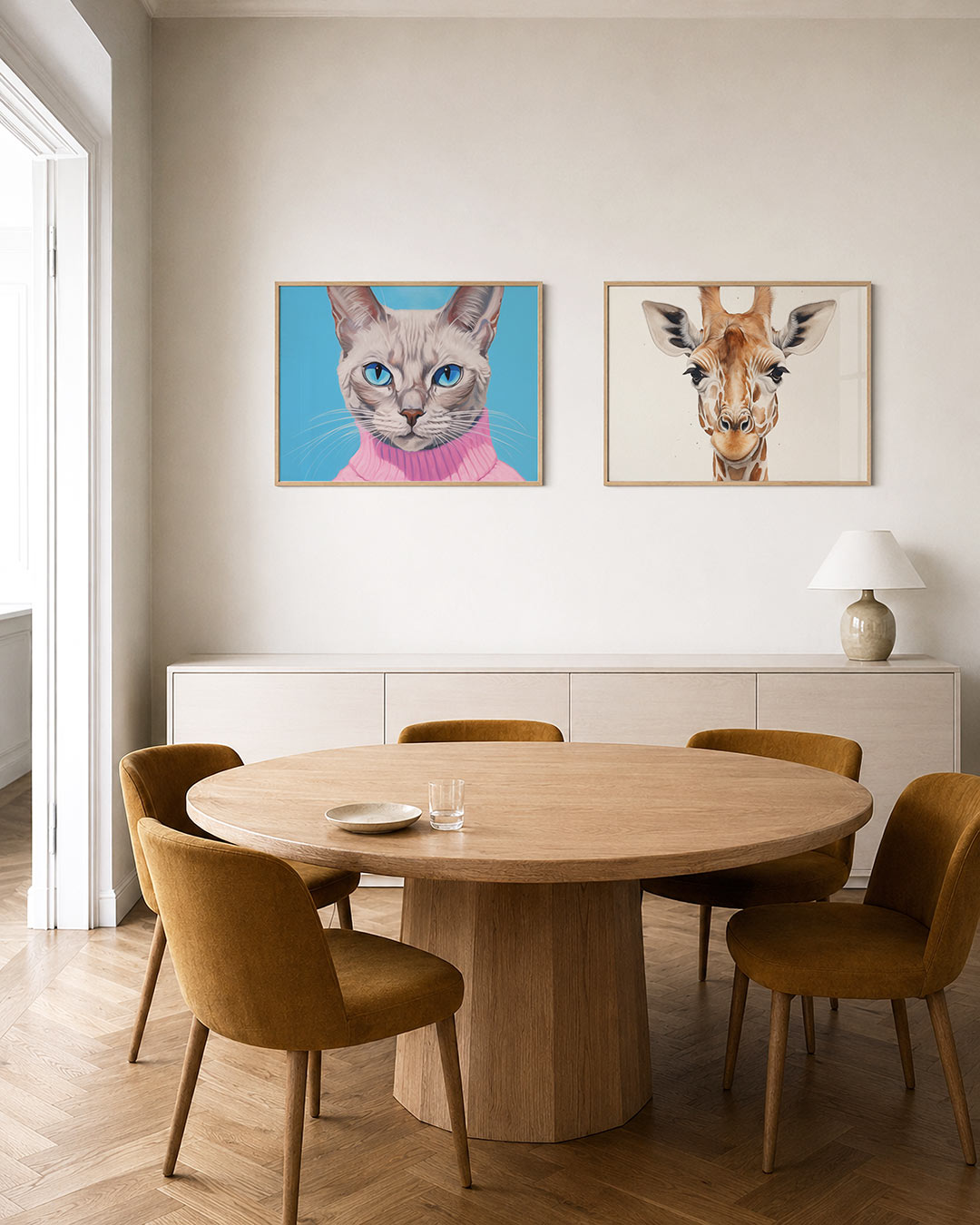 Interieurpresentatie van twee posters met een kat met helderblauwe ogen en een roze trui tegen een effen blauwe achtergrond