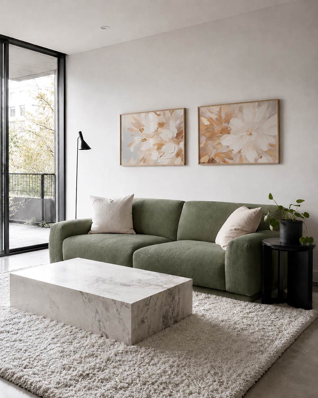 Tweedelige posterset met een vloeiende mix van crèmekleurige en beige tinten, getoond in een interieur