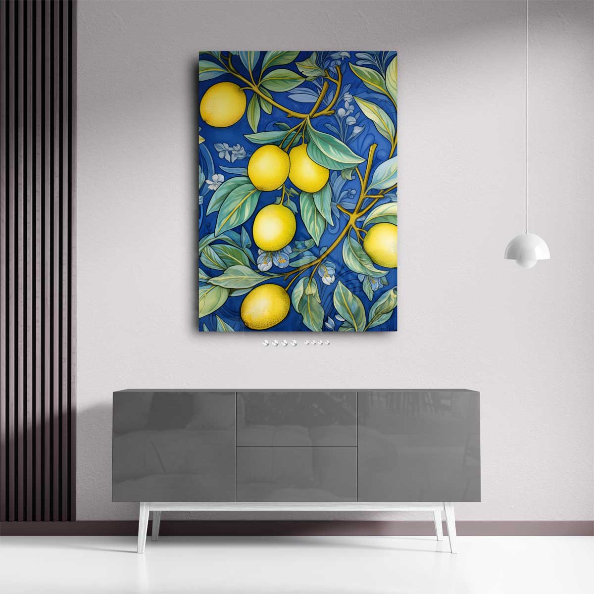 Kleurrijke Citroen Illustratie op Blauw Kunstwerk-canvas-dibond-plexiglas-wanddecoratie-WallArtistic