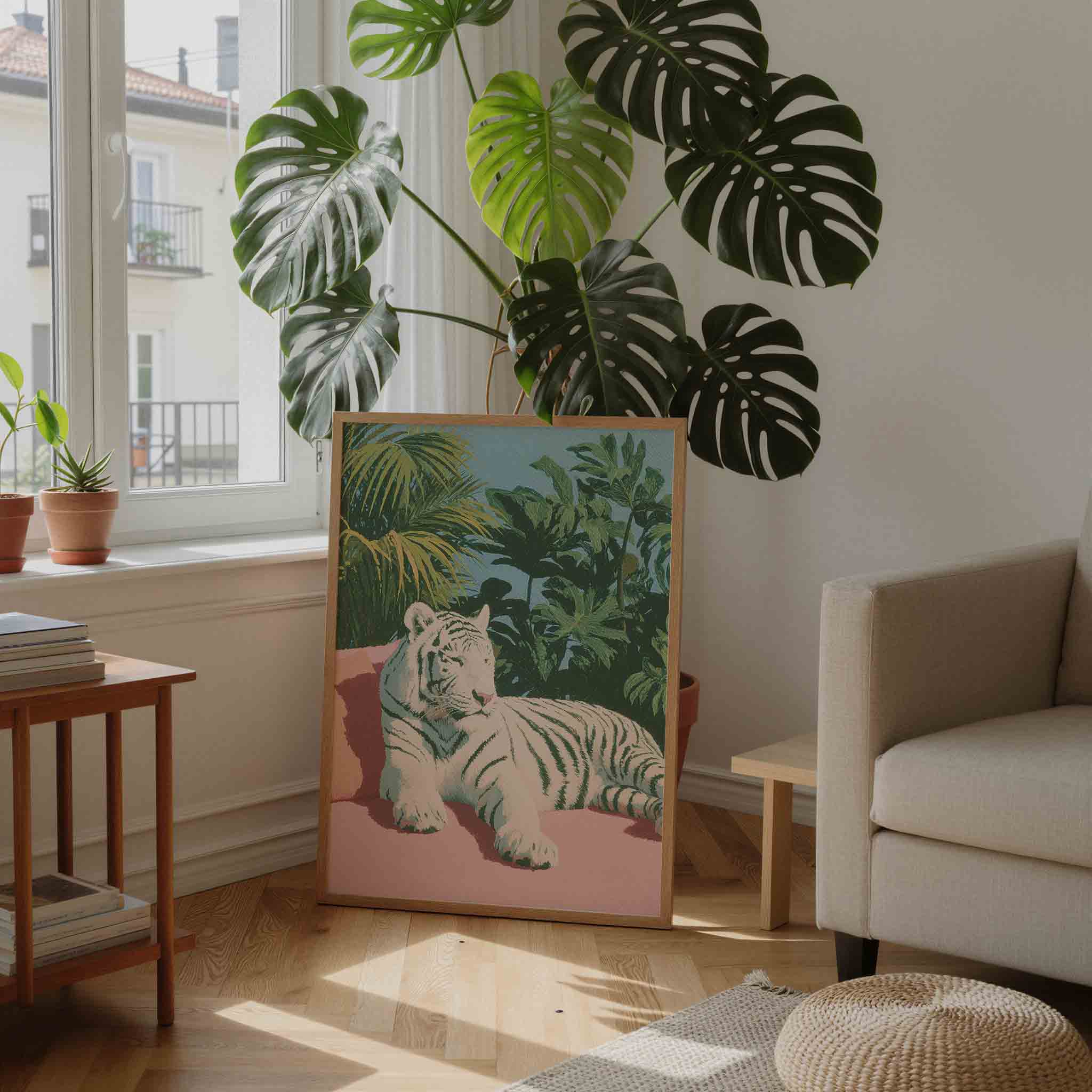 Witte tijger met bladeren Poster