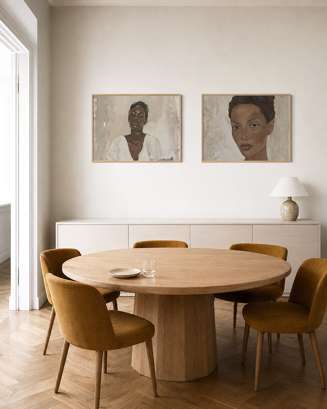 Tweedelige posterset met een compositie met zachte penseelstreken en fijne kleurvlakken, getoond in een interieur
