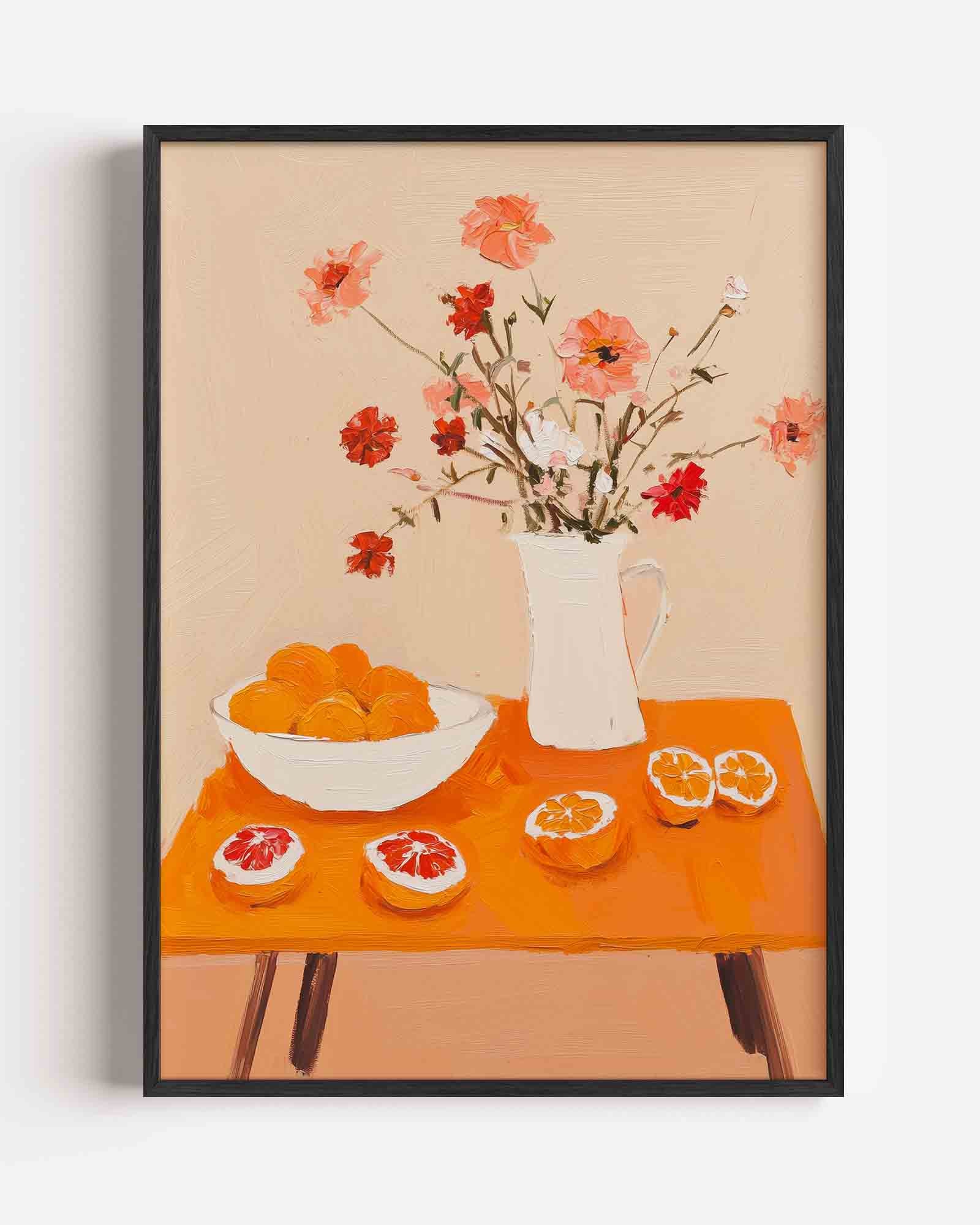 Bloemen en citrus op tafel Poster