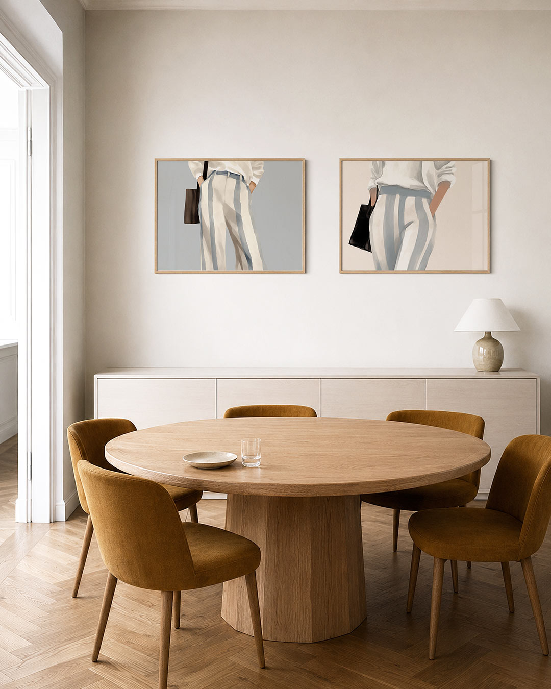 Twee liggende posters met een fijne balans van zachte kleuren en vloeiende lijnen, aan de muur in een interieur