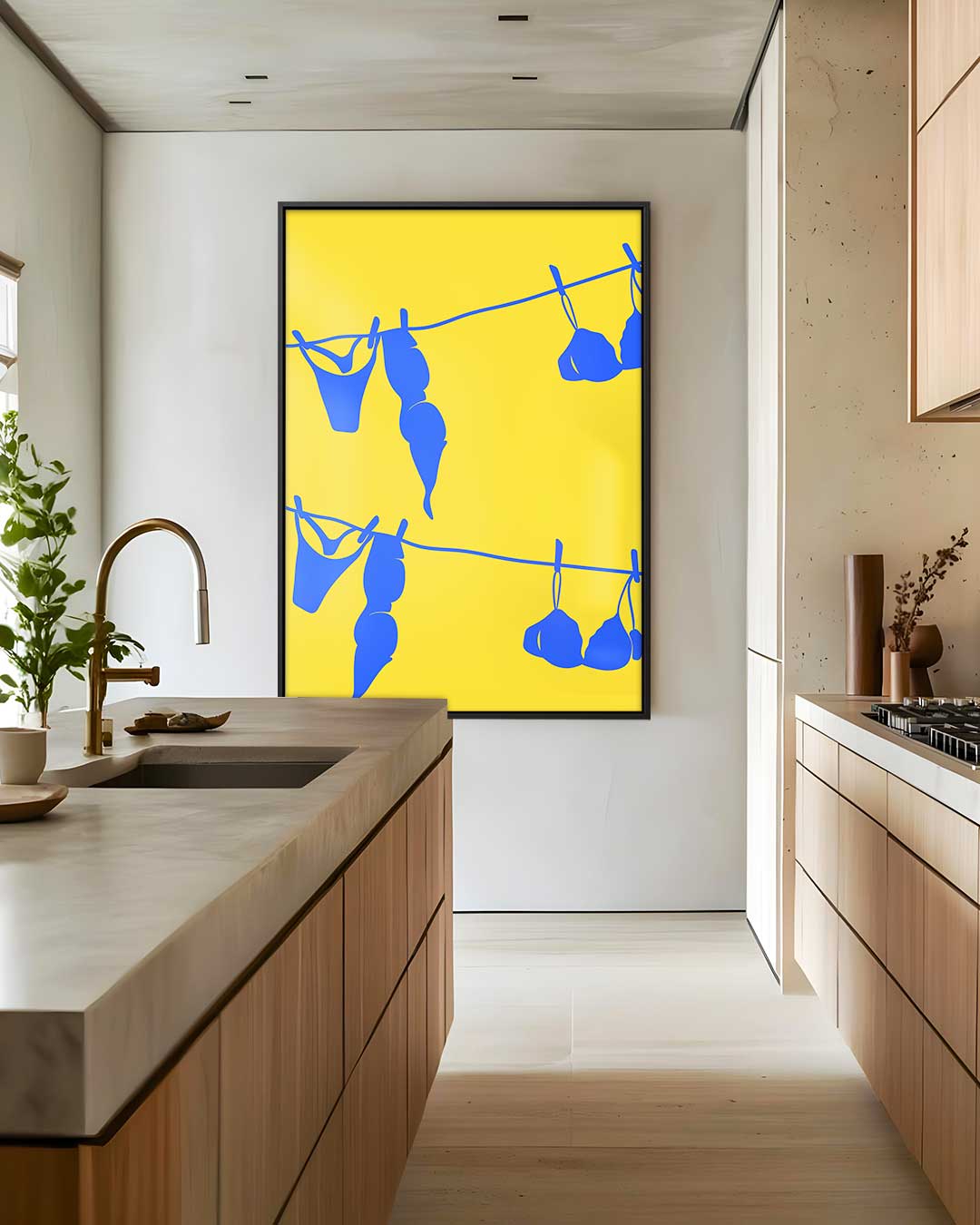 Blauw Wasgoed op Gele Draad Kunstwerk-canvas-dibond-plexiglas-wanddecoratie-WallArtistic