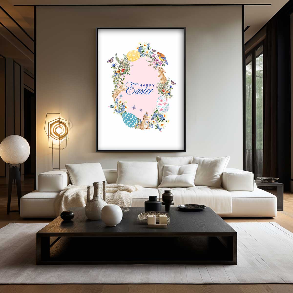 Vrolijk Pasen Bloemenkrans Kunstwerk-canvas-dibond-plexiglas-wanddecoratie-WallArtistic