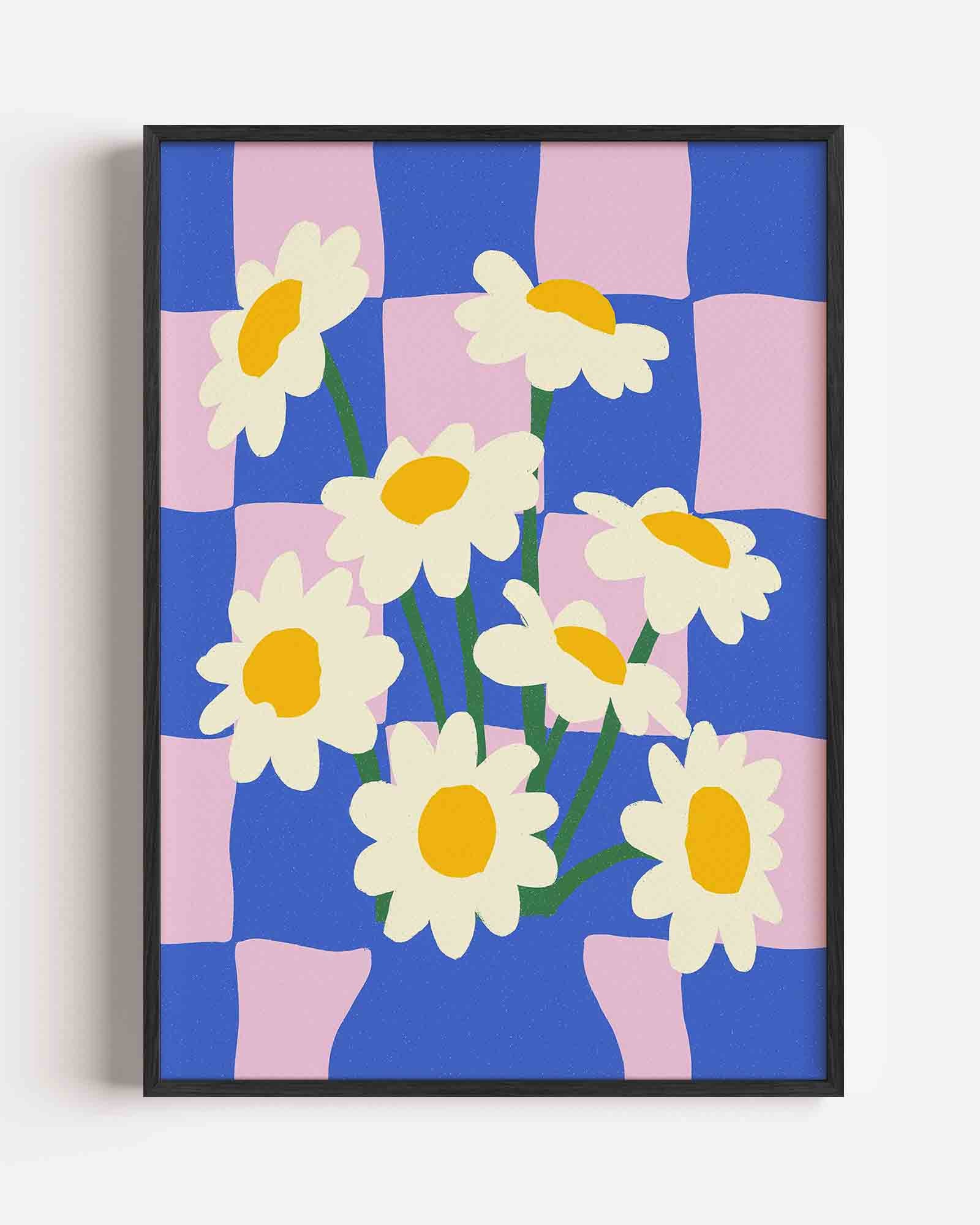 Bloemen op blauw en roze Poster