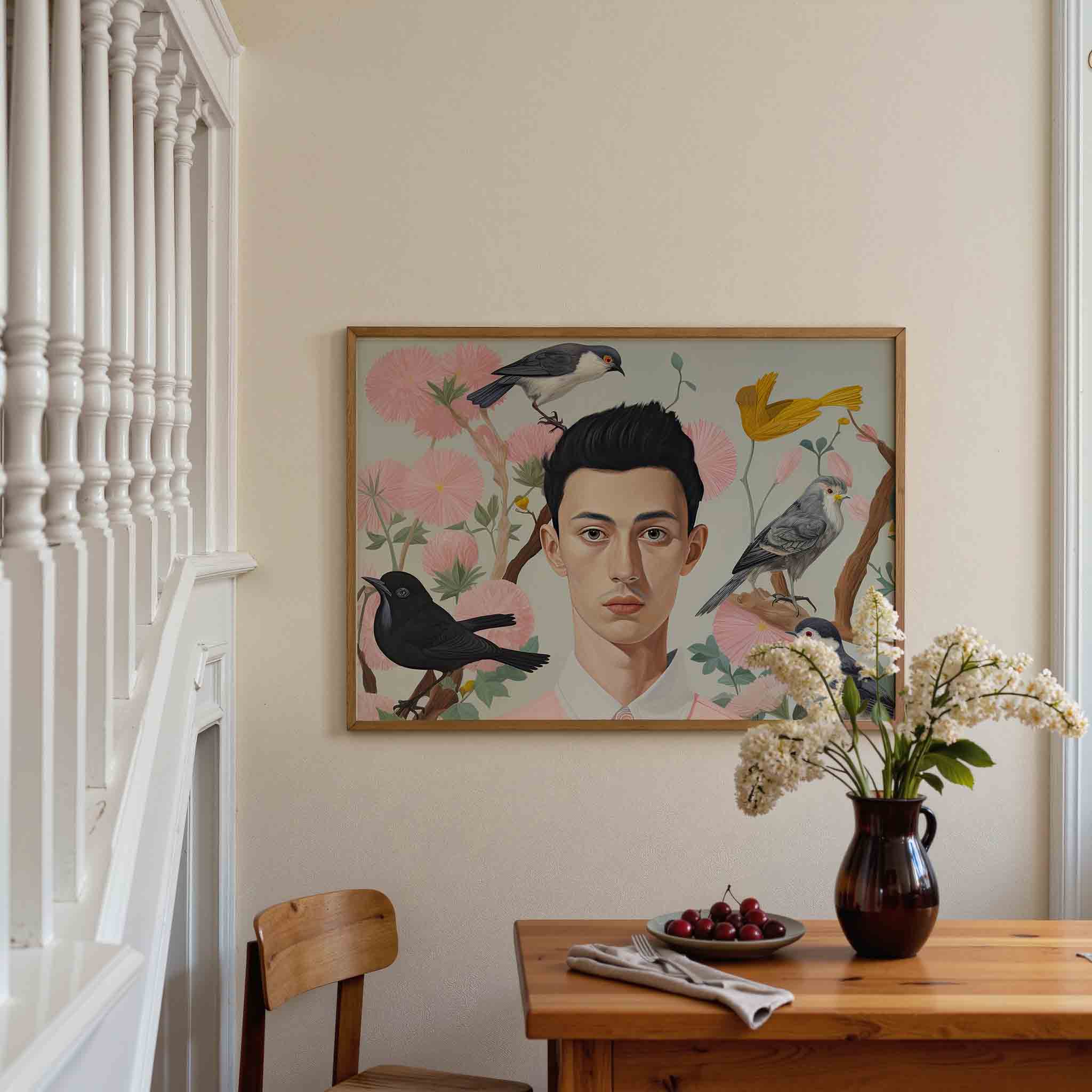 Vogel en bloemen portret Poster