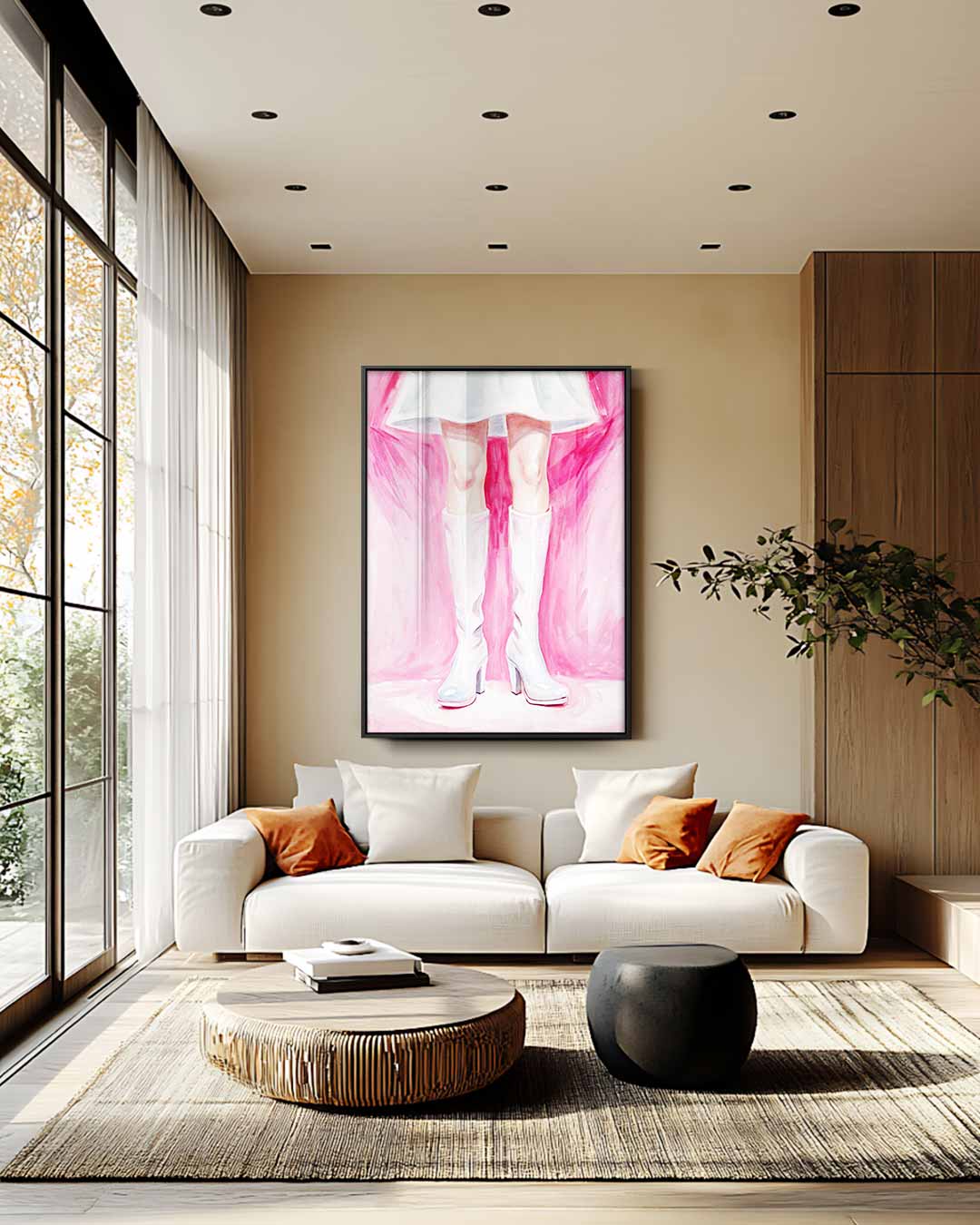 Witte Laarzen op Roze Kunstwerk-canvas-dibond-plexiglas-wanddecoratie-WallArtistic