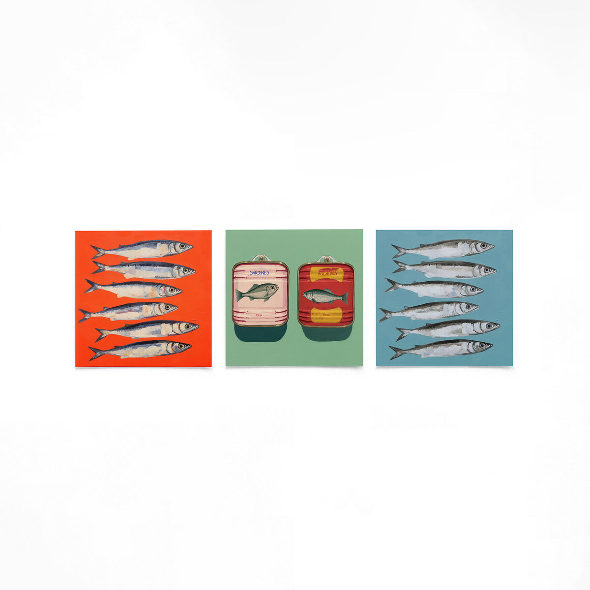 Drie vierkante posters met sardines en ansjovis op een gebroken witte achtergrond
