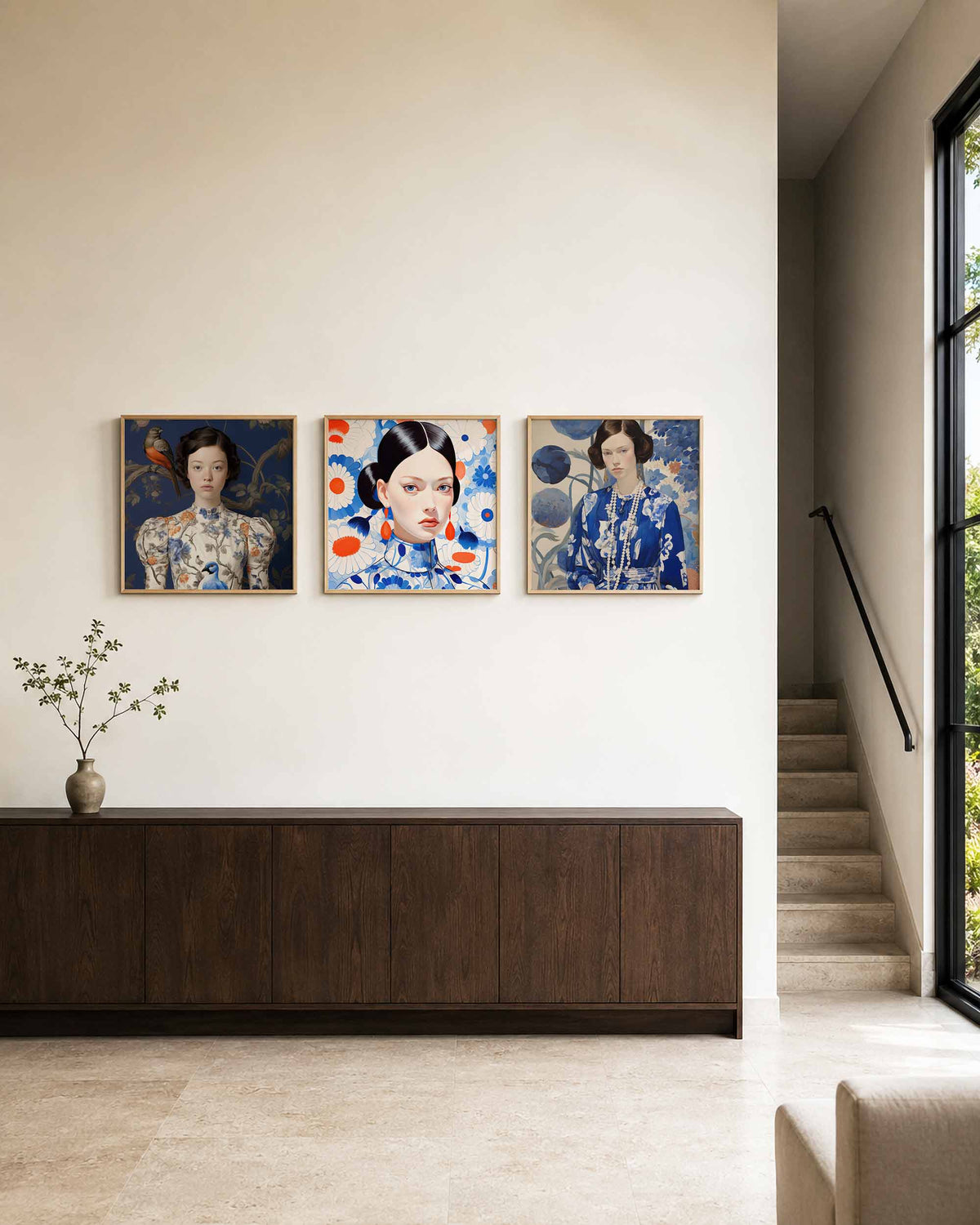 Interieurpresentatie van een driedelige vierkante posterset met vrouwenportretten met bloemen