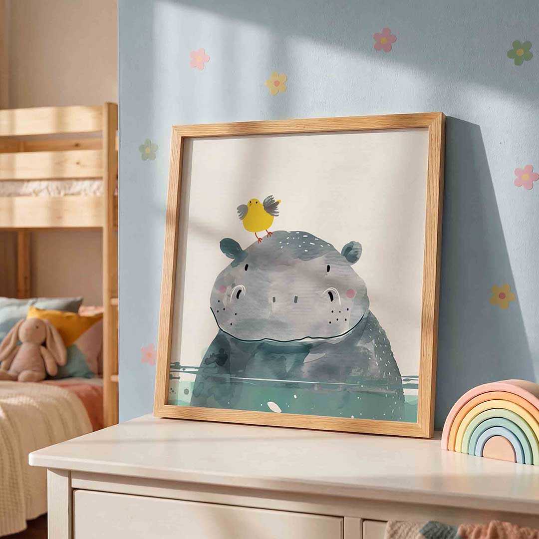 Nijlpaard met vogel Poster