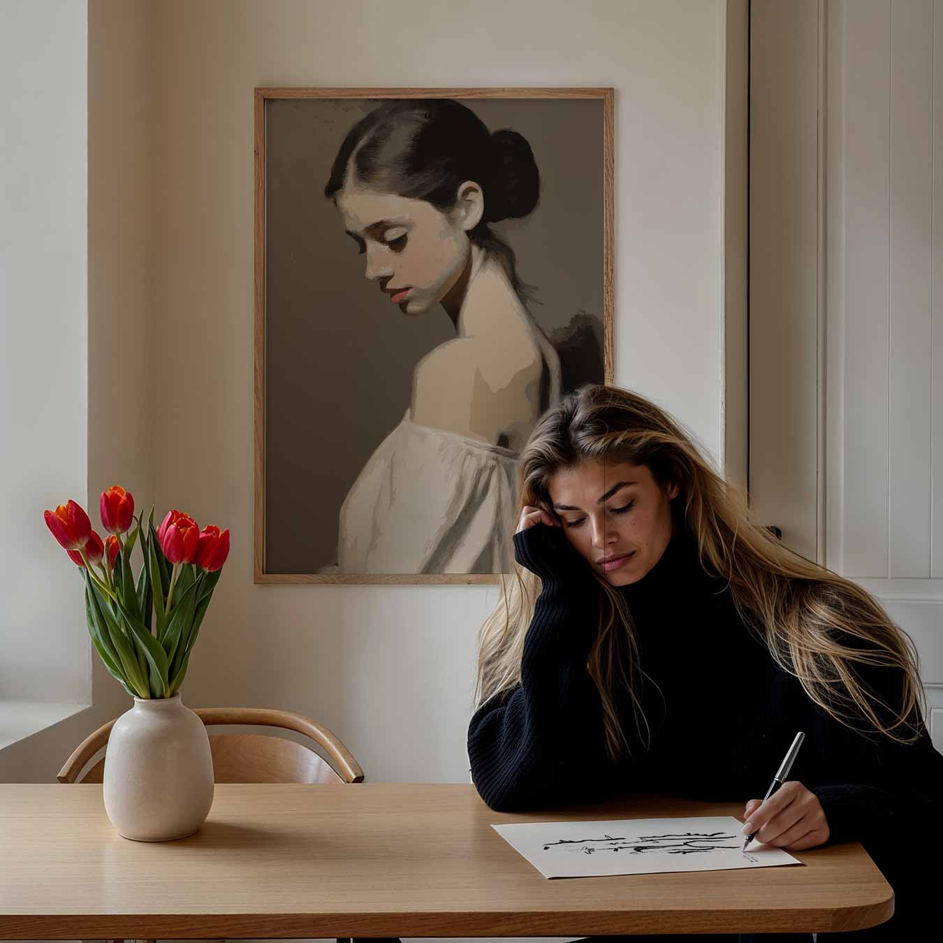 Elegante Dromerige Vrouw Poster-WallArtistic