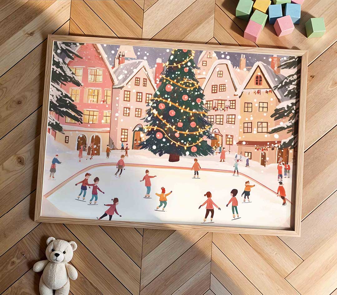 Schaatsende kinderen en kerstboom Poster