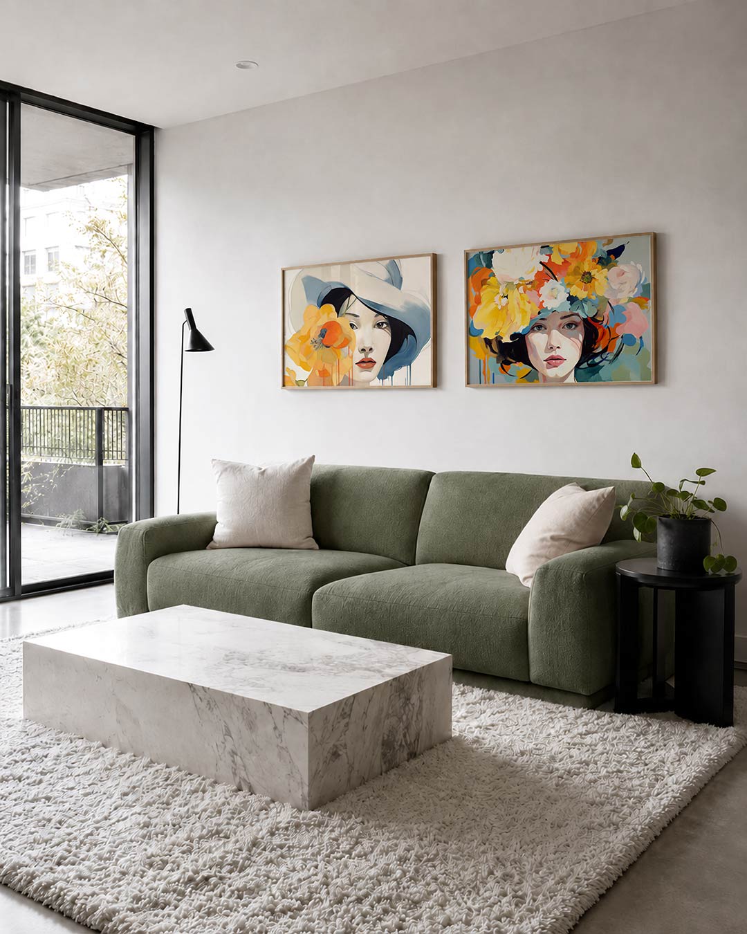 Twee liggende posters met een gezicht met een grote hoed en een bloem, aan de muur in een interieur