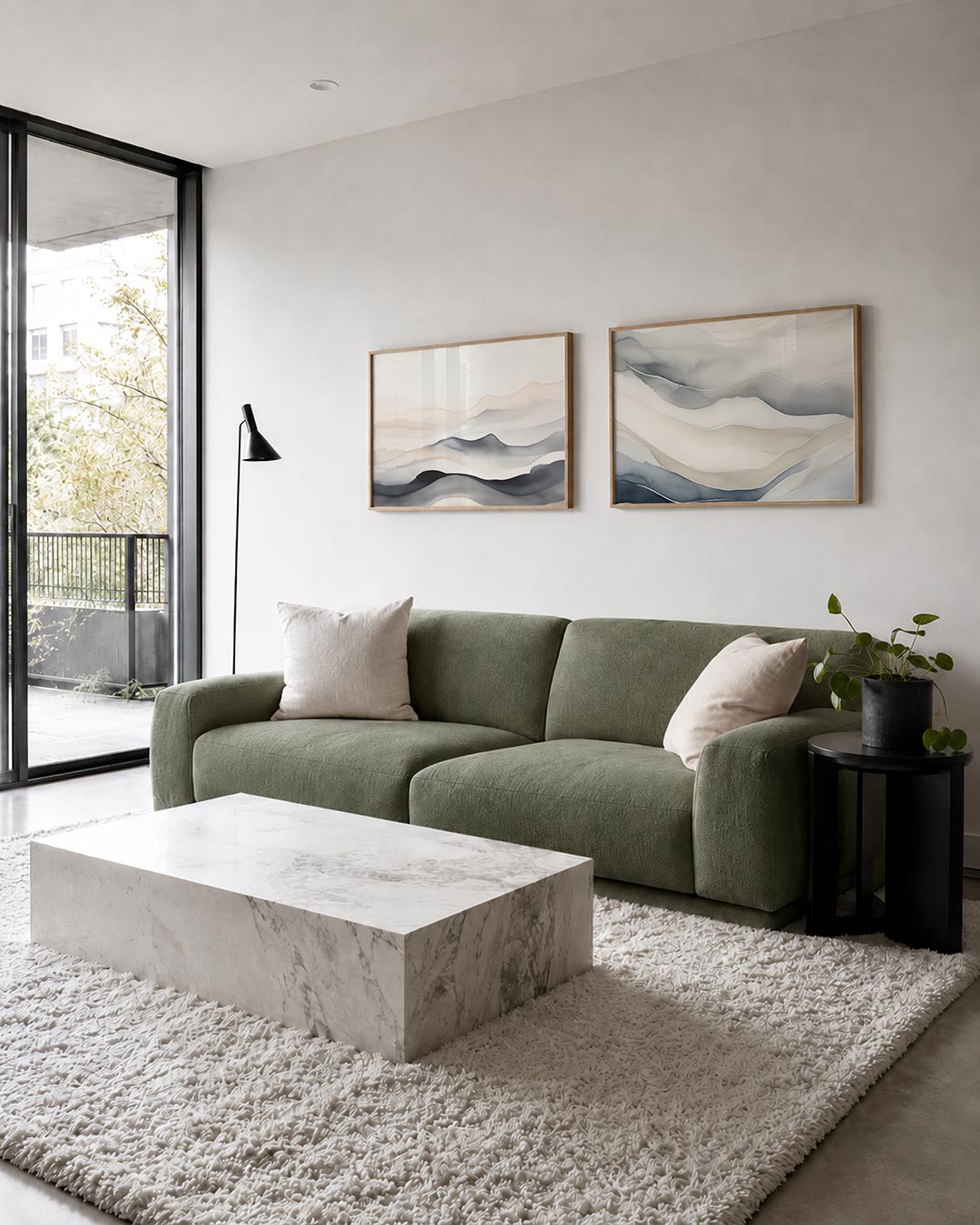 Tweedelige posterset met vloeiende lijnen in zachte tinten, getoond in een interieur
