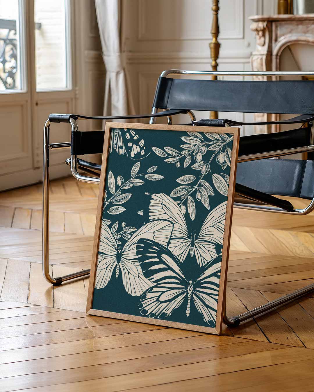 Elegante Vlinders & Olijfblaadjes Poster-WallArtistic