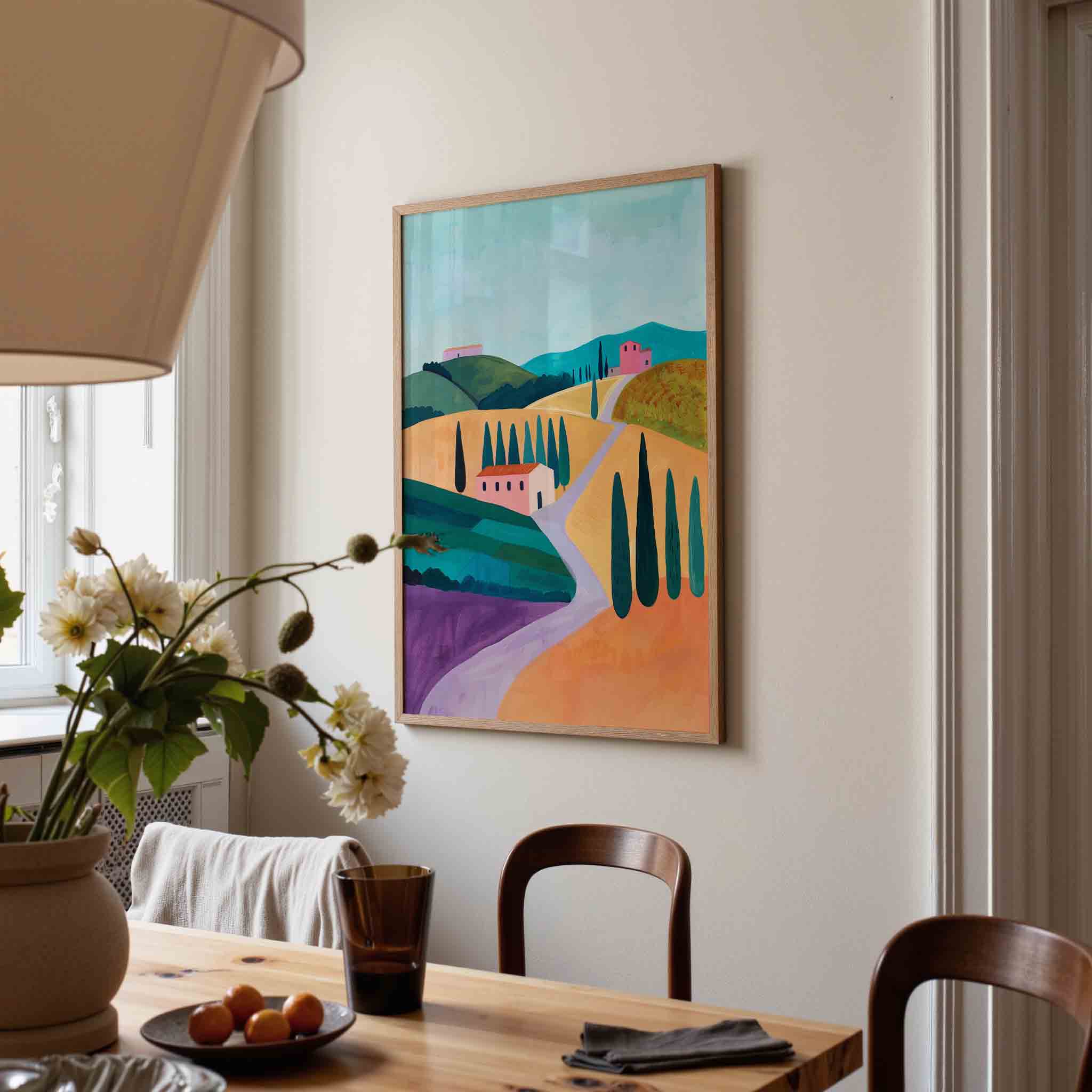 Landschap met heuvels en huizen Poster