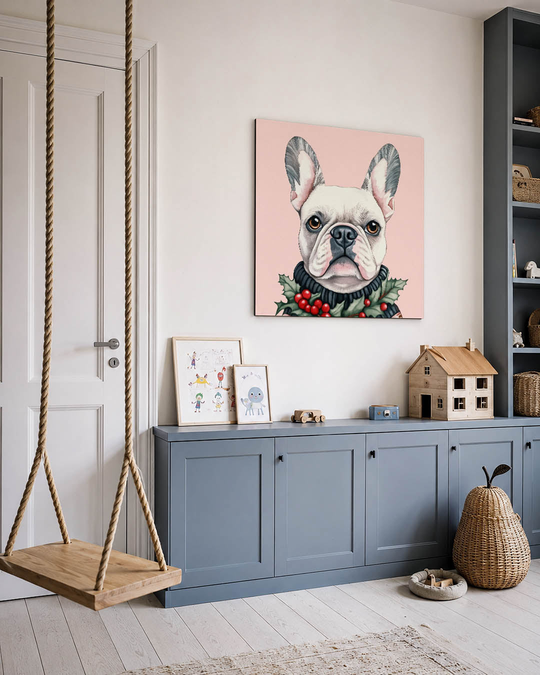Hond met kerstkrans Kunstwerk