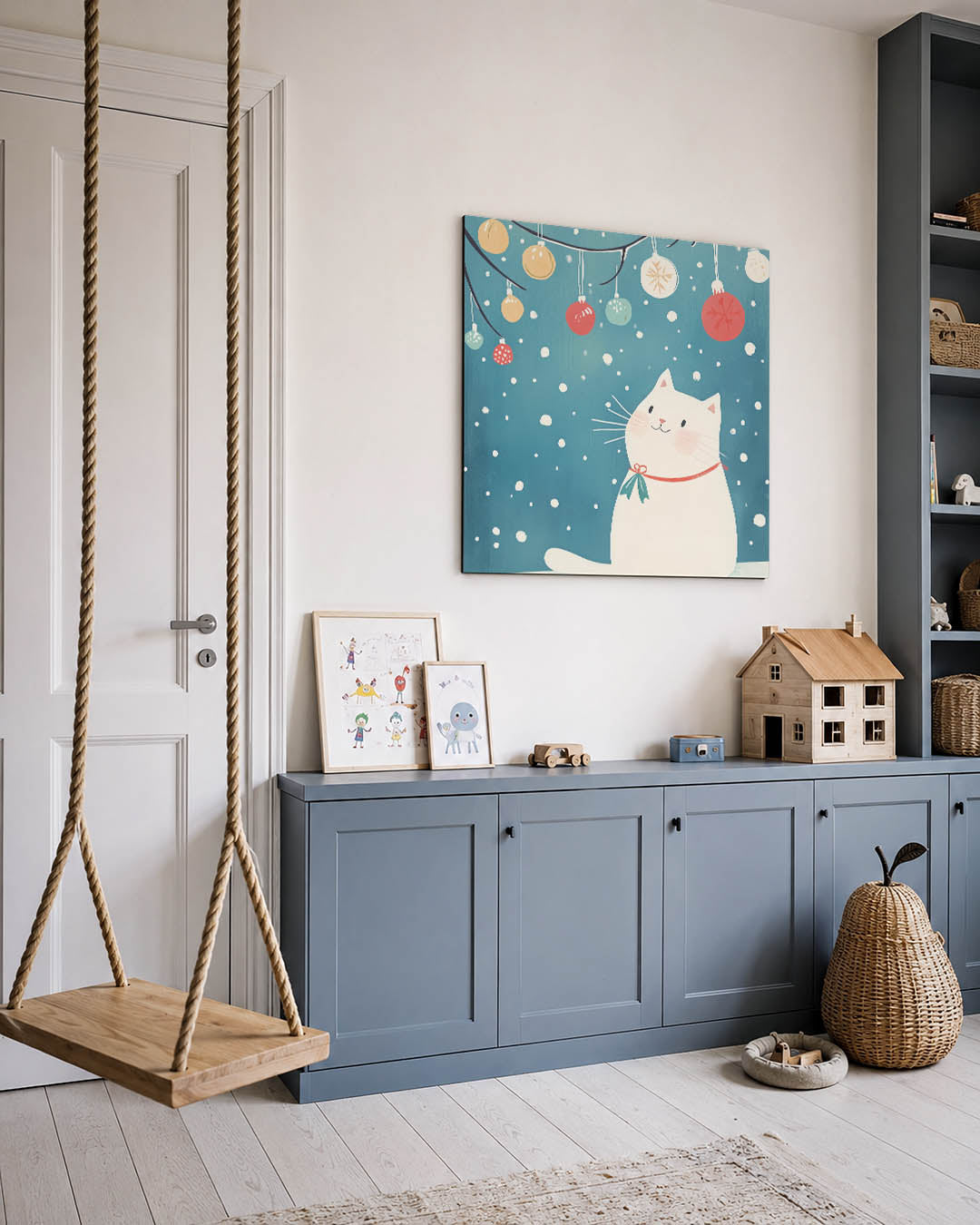 Speelse kat en sneeuwvlokken Kunstwerk