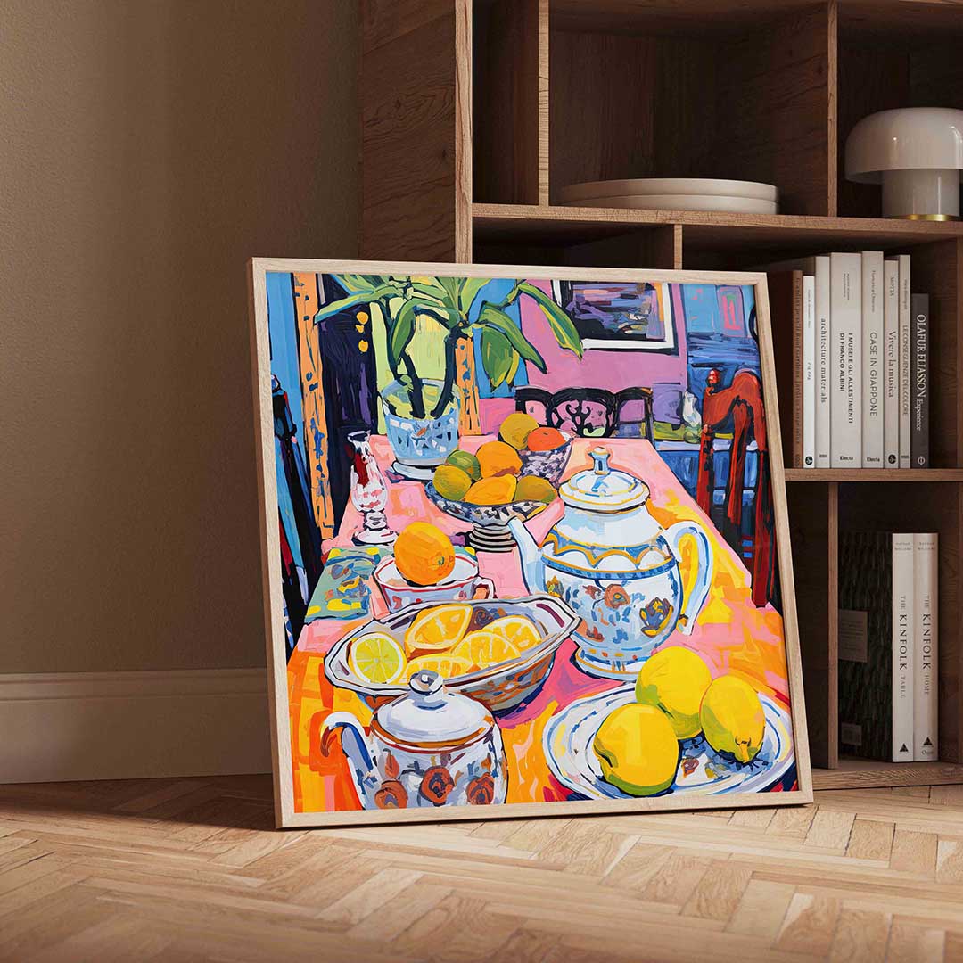 Fruit en servies op tafel Poster