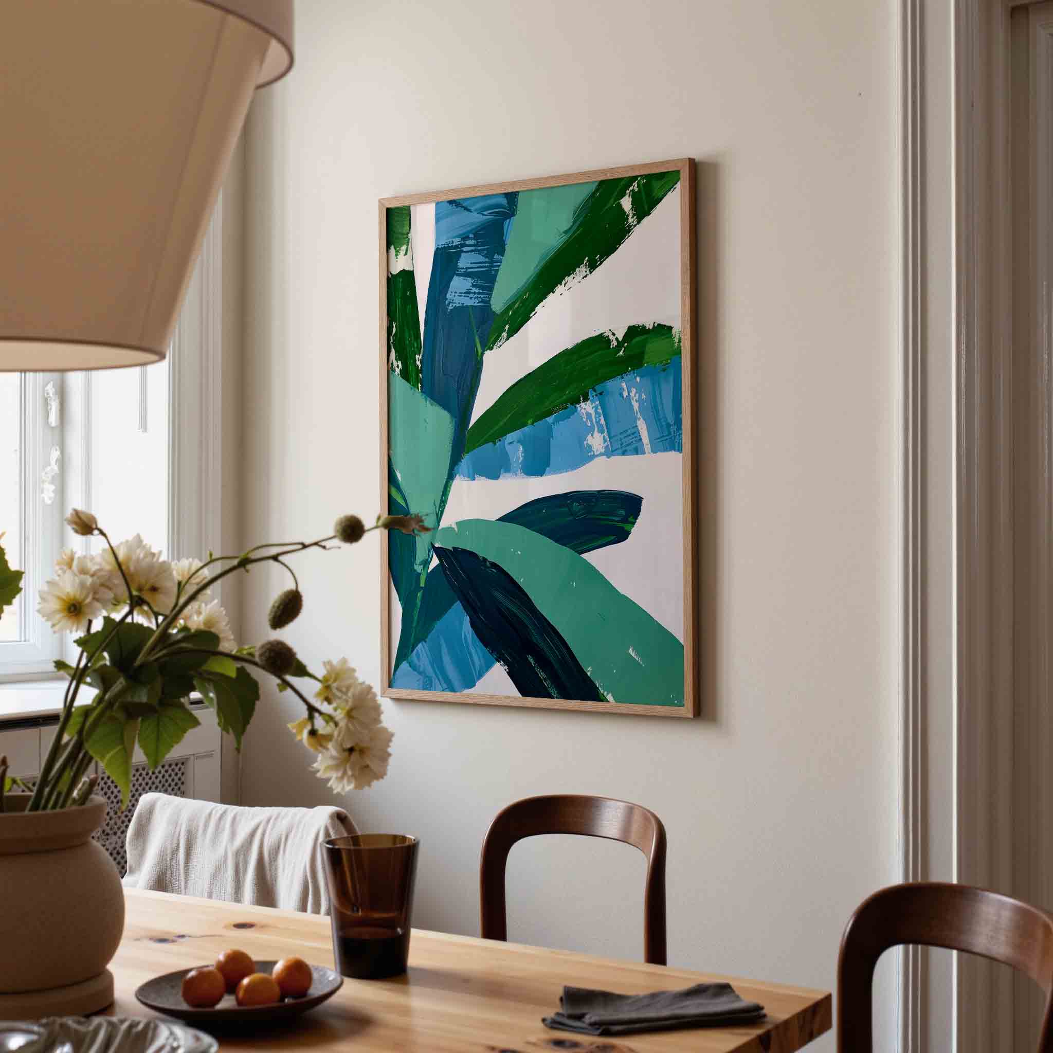 Bladmotief in blauw en groen Poster