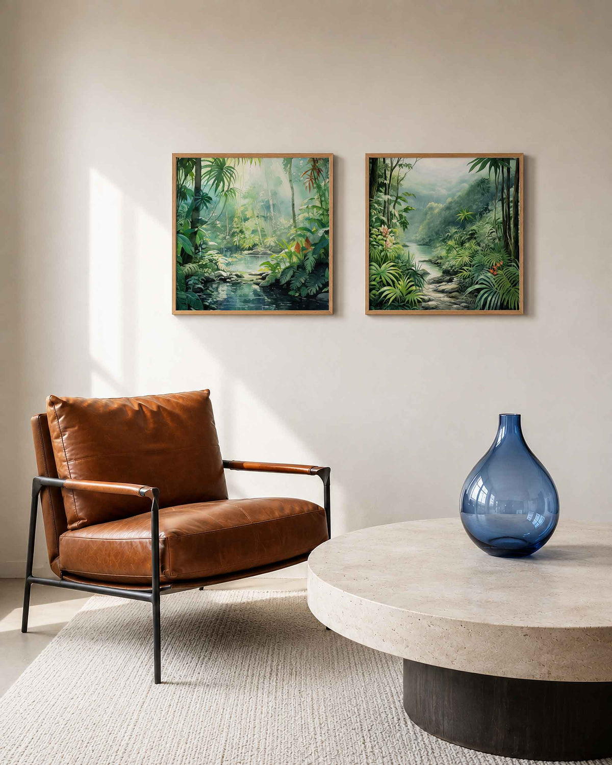 Interieurpresentatie van een tweedelige vierkante posterset met tropische jungle rivier