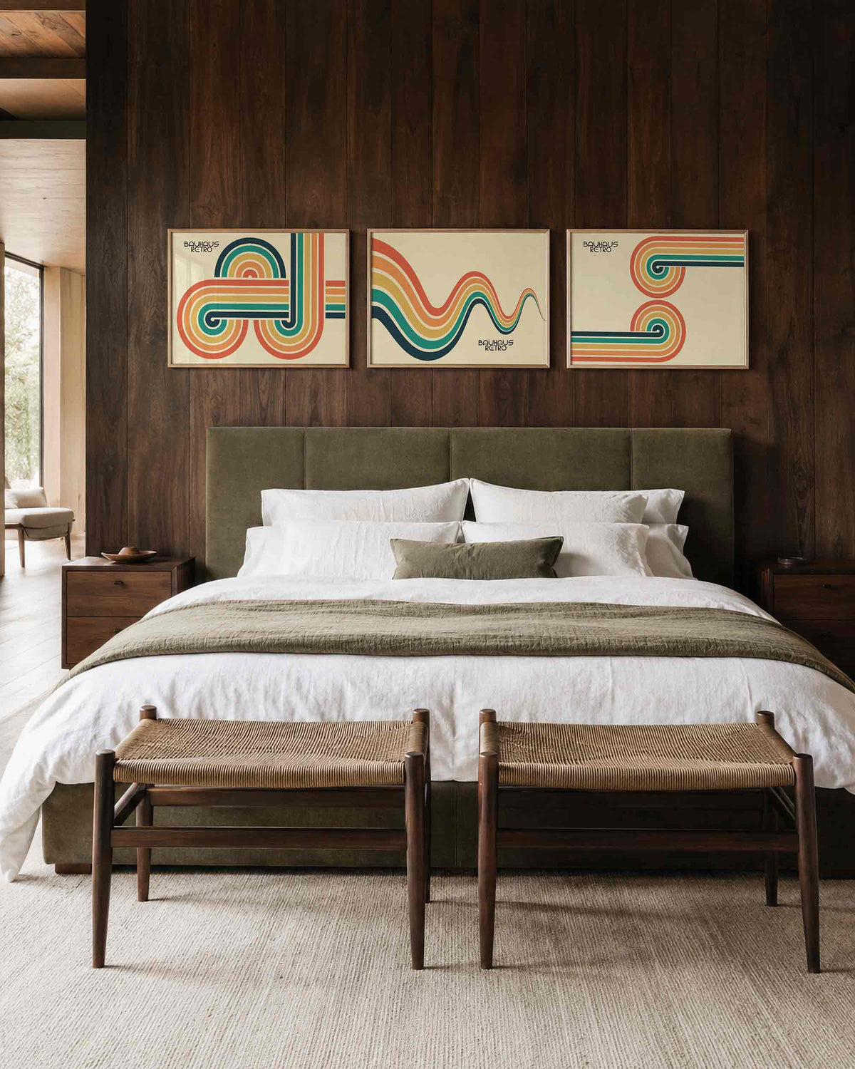 Interieurmockup van drieluik landscape-posterset met retrobanen in kleur