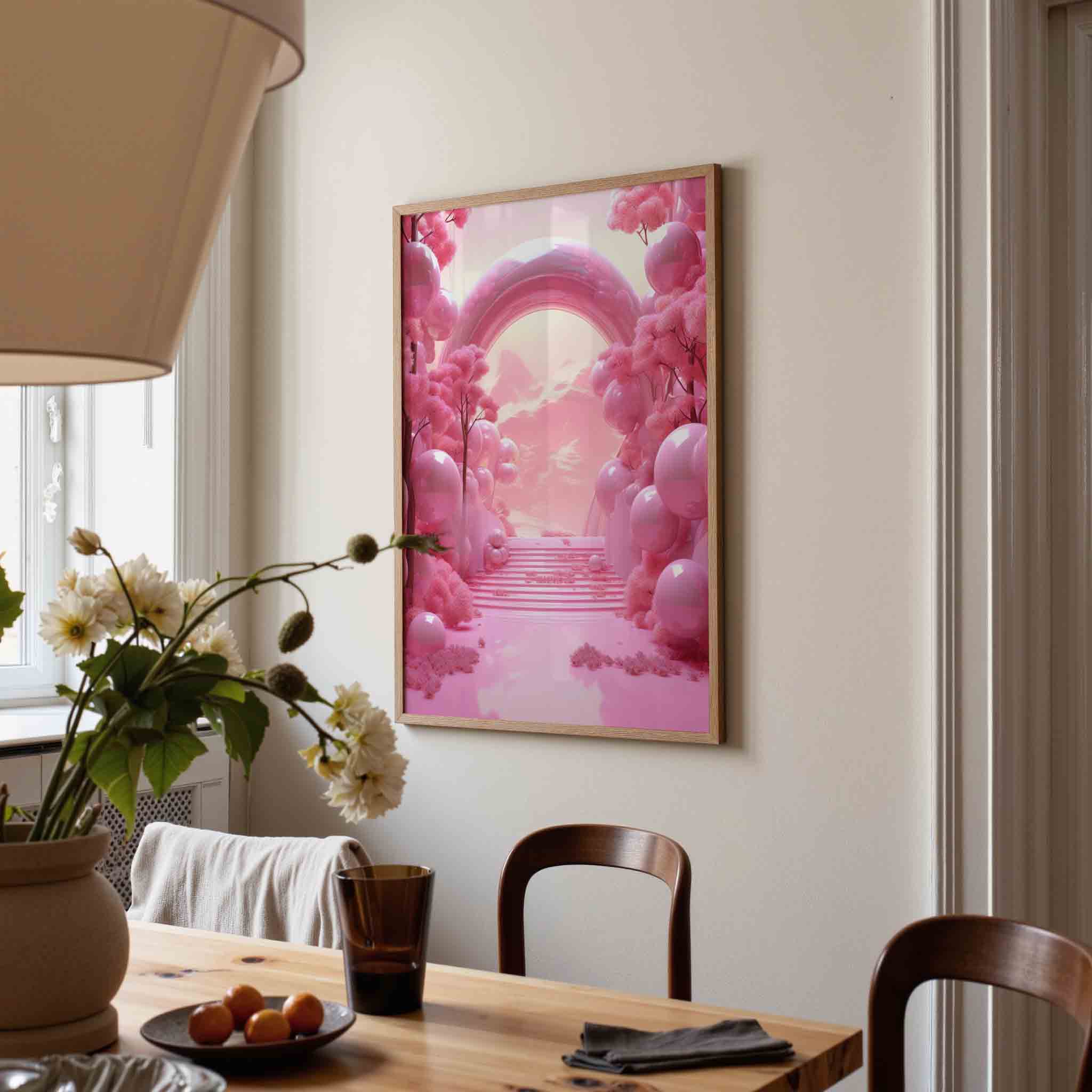 Roze landschap met bogen Poster