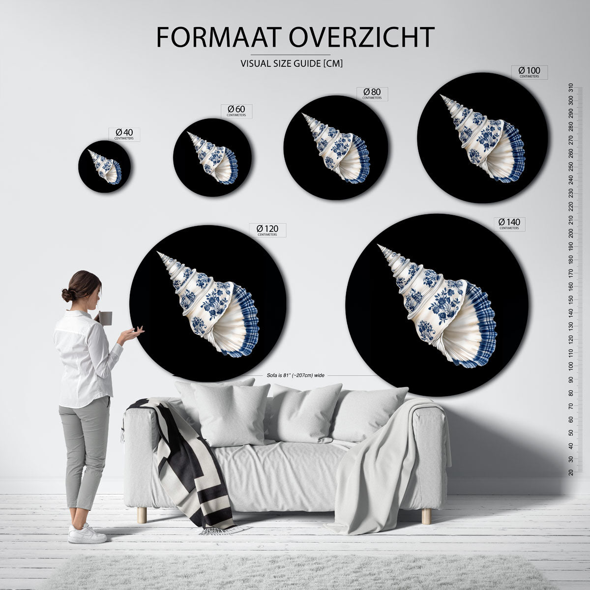 Schelp met blauwe bloemen Muurcirkel