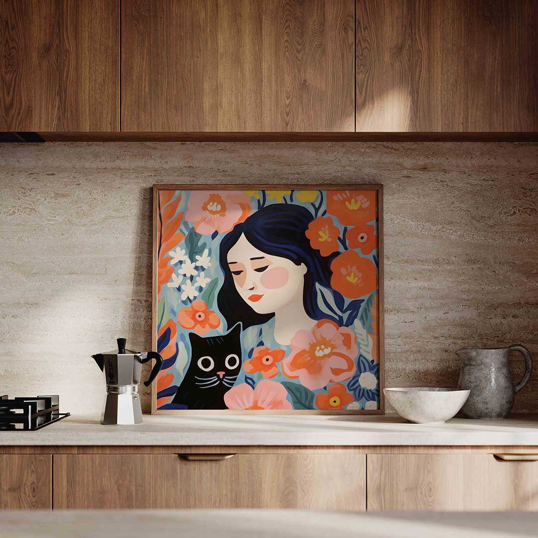 Vrouw en kat met bloemen Poster