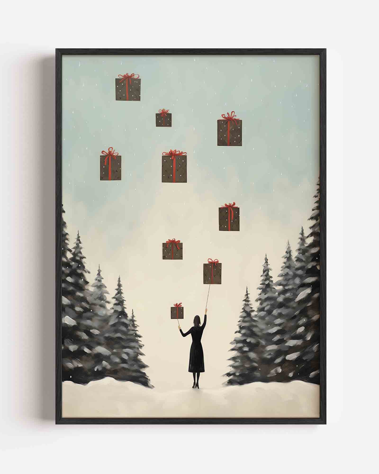 Vrouw met zwevende cadeaus Poster