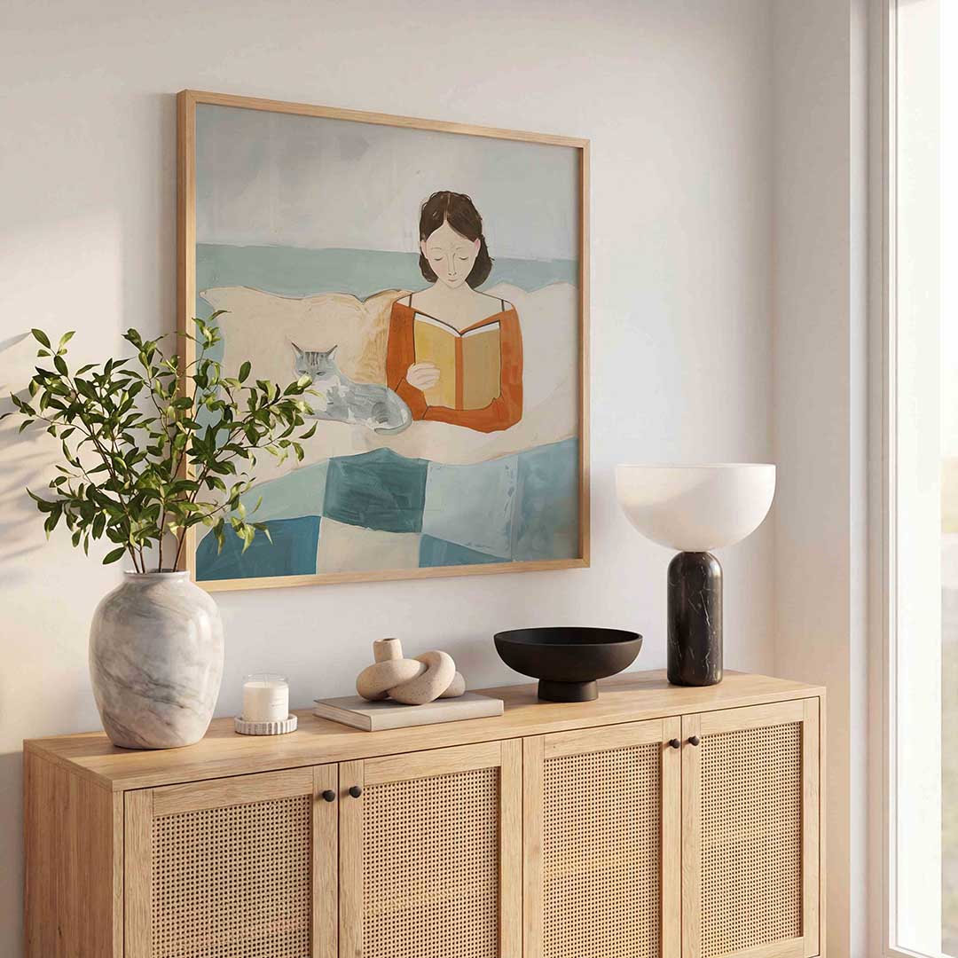 Lezende vrouw met kat Poster