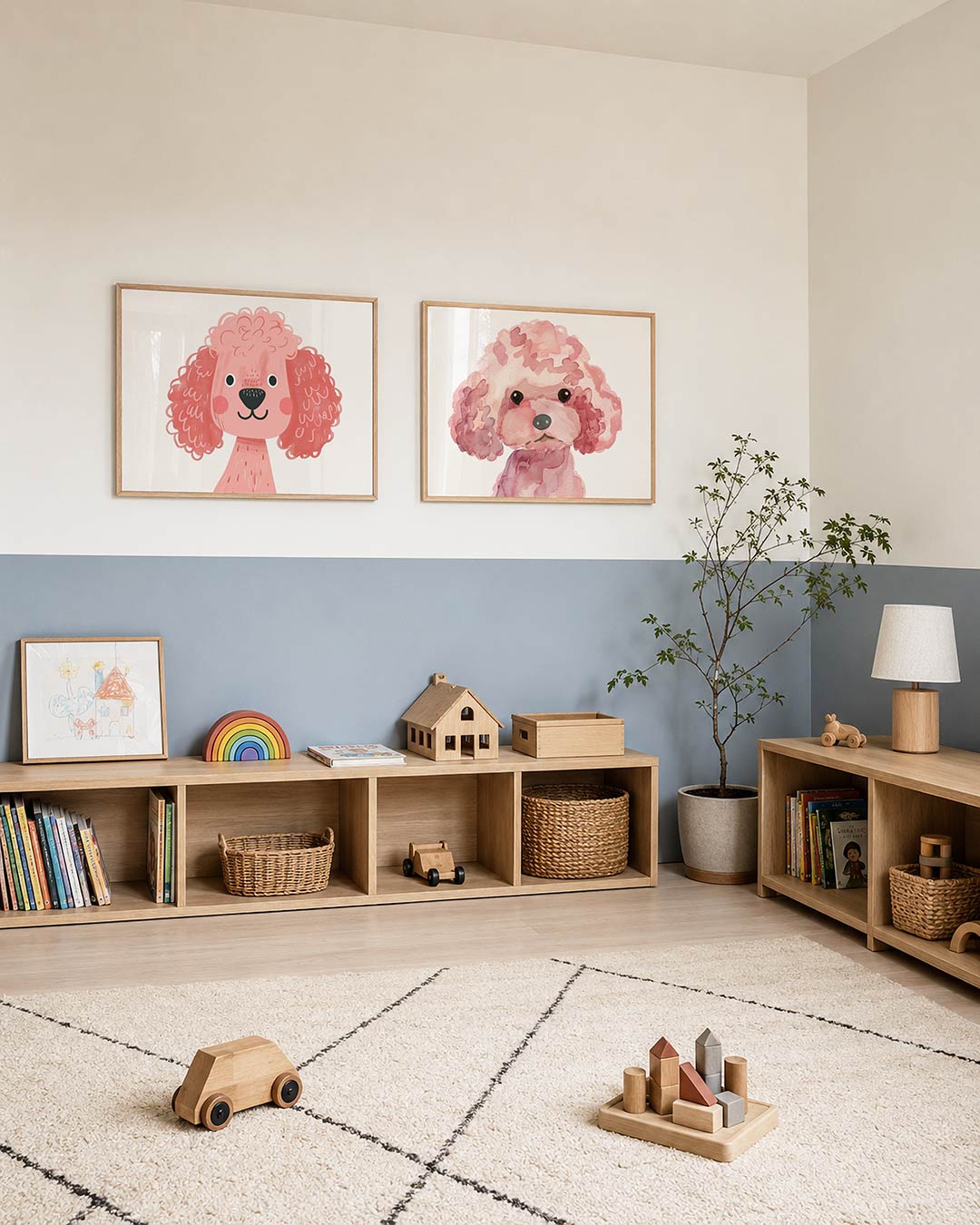 Tweedelige posterset met donkere tinten en een rustige visuele opbouw, getoond in een interieur