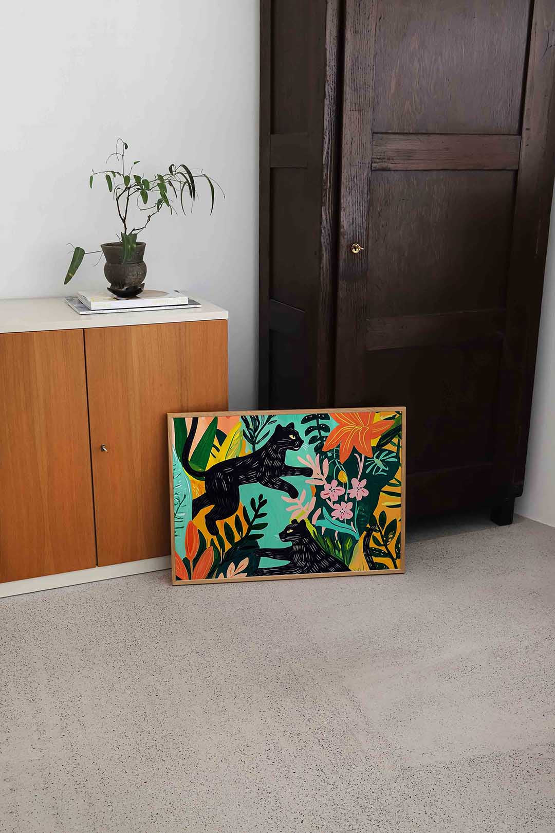 Zwarte panters en bloemen Poster