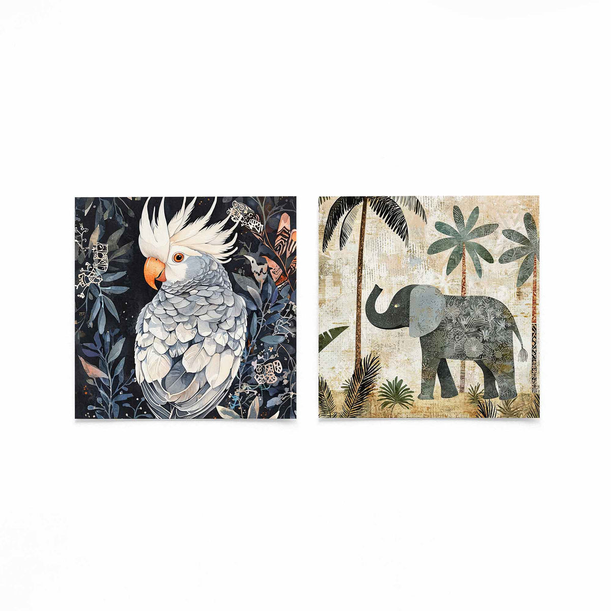 Twee vierkante posters met kaketoe en olifant op een gebroken witte achtergrond