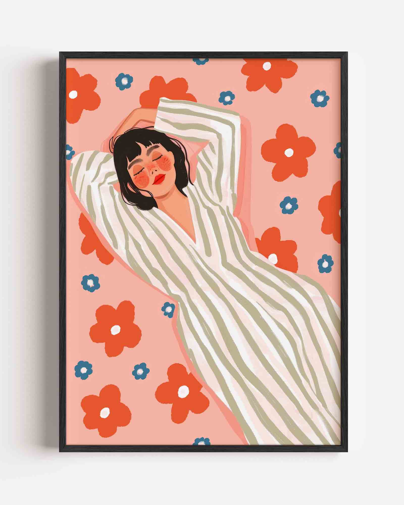 Vrouw in gestreepte jurk Poster