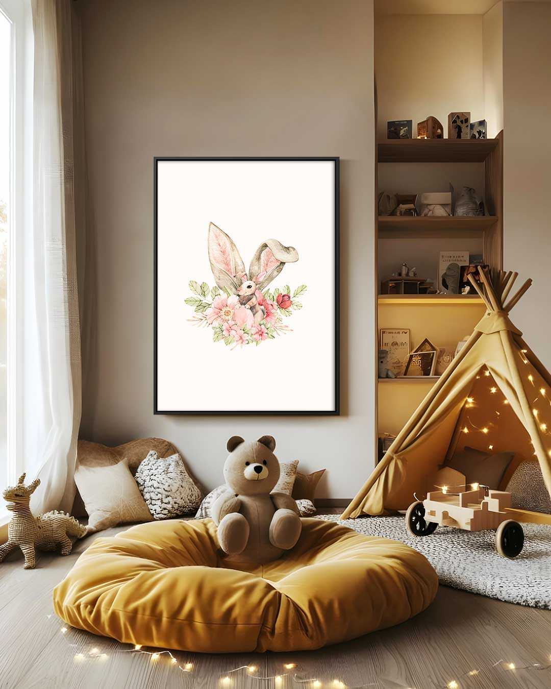 Schattige Konijn met Bloemenprint Kunstwerk-canvas-dibond-plexiglas-wanddecoratie-WallArtistic