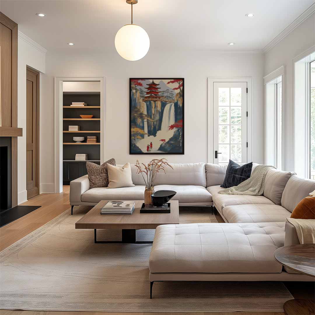 Mystieke Watervallen en Tempel Kunstwerk-canvas-dibond-plexiglas-wanddecoratie-WallArtistic