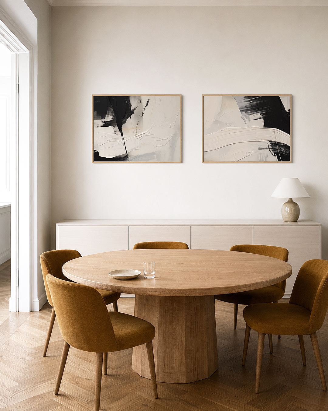 Twee liggende posters met een krachtig lijnenspel van zwart en wit, aan de muur in een interieur