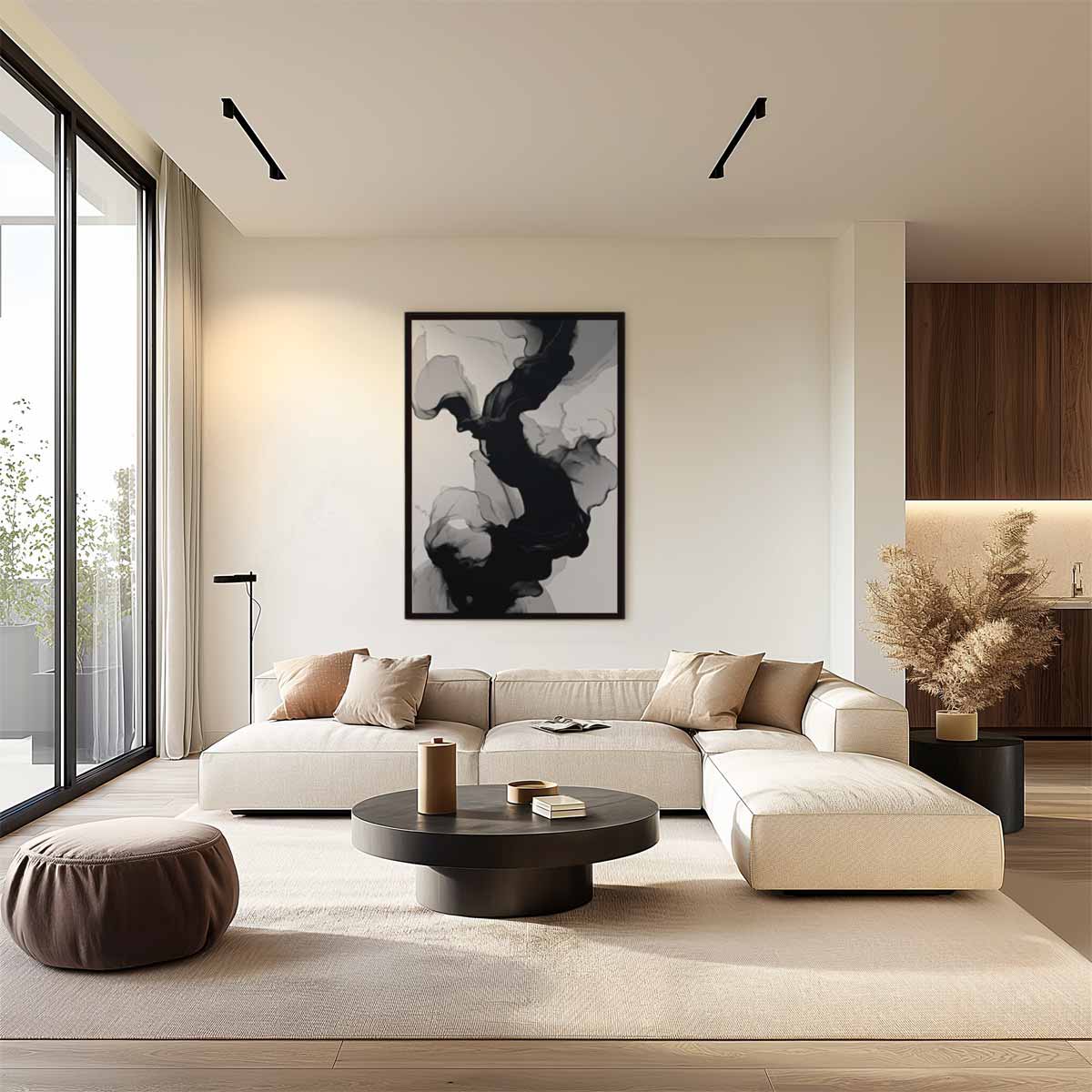 Golvende Zwart-Witte Abstractie Kunstwerk-canvas-dibond-plexiglas-wanddecoratie-WallArtistic