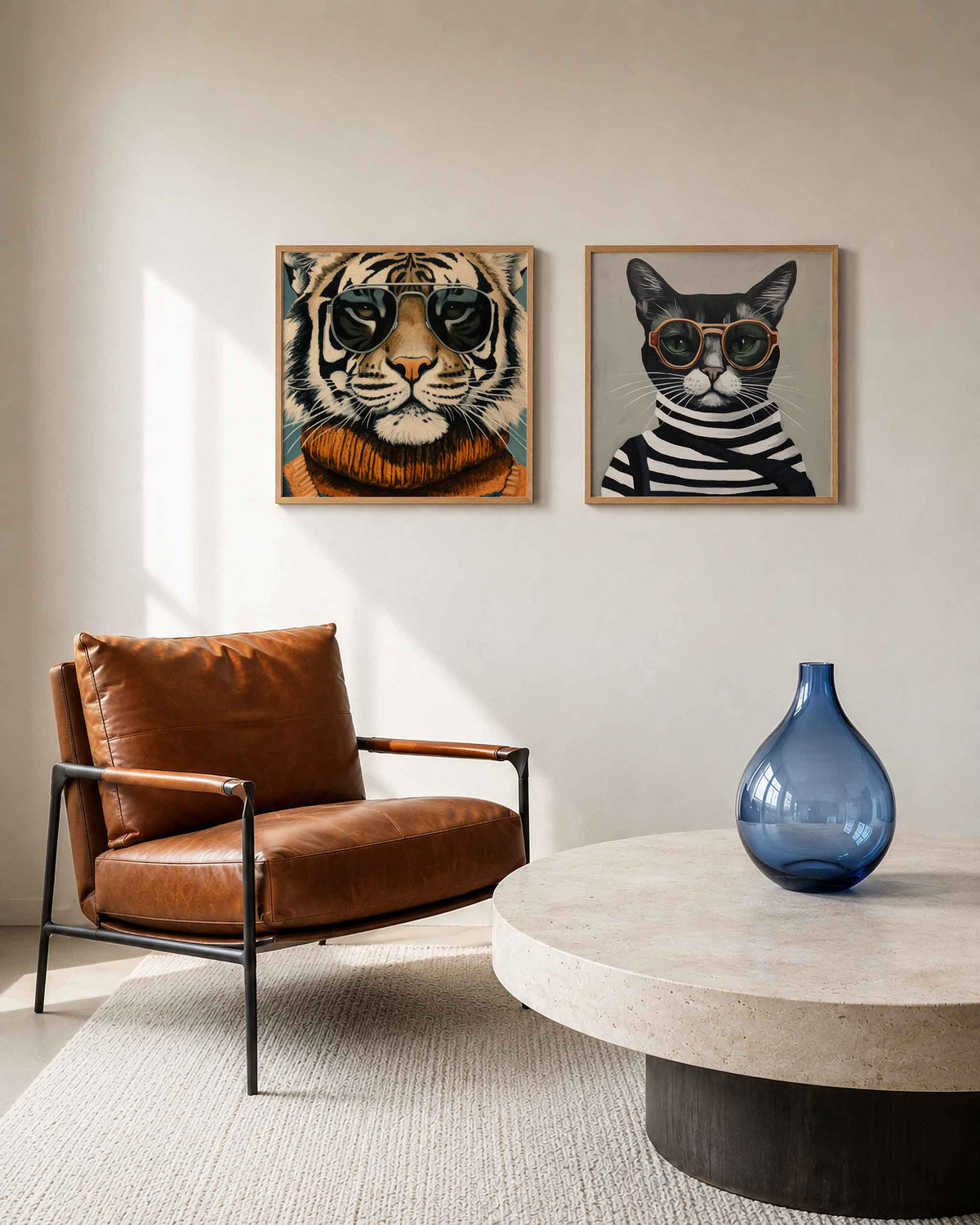 Interieurpresentatie van een tweedelige vierkante posterset met tijger en kat
