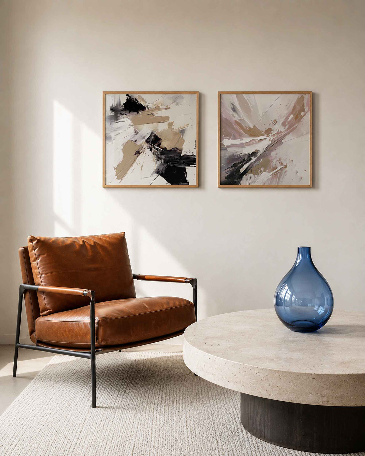 Interieurpresentatie van een tweedelige vierkante posterset met zwart beige penseelstreken