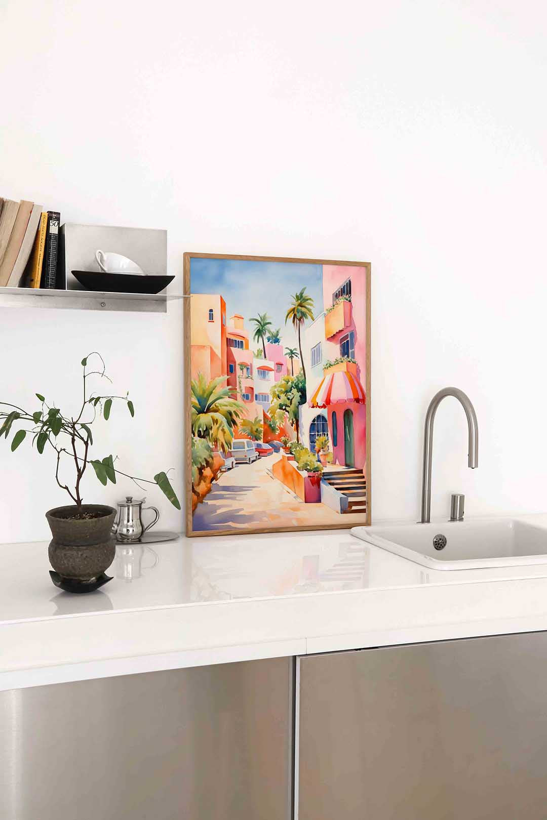 Zonnige straat met palmbomen Poster