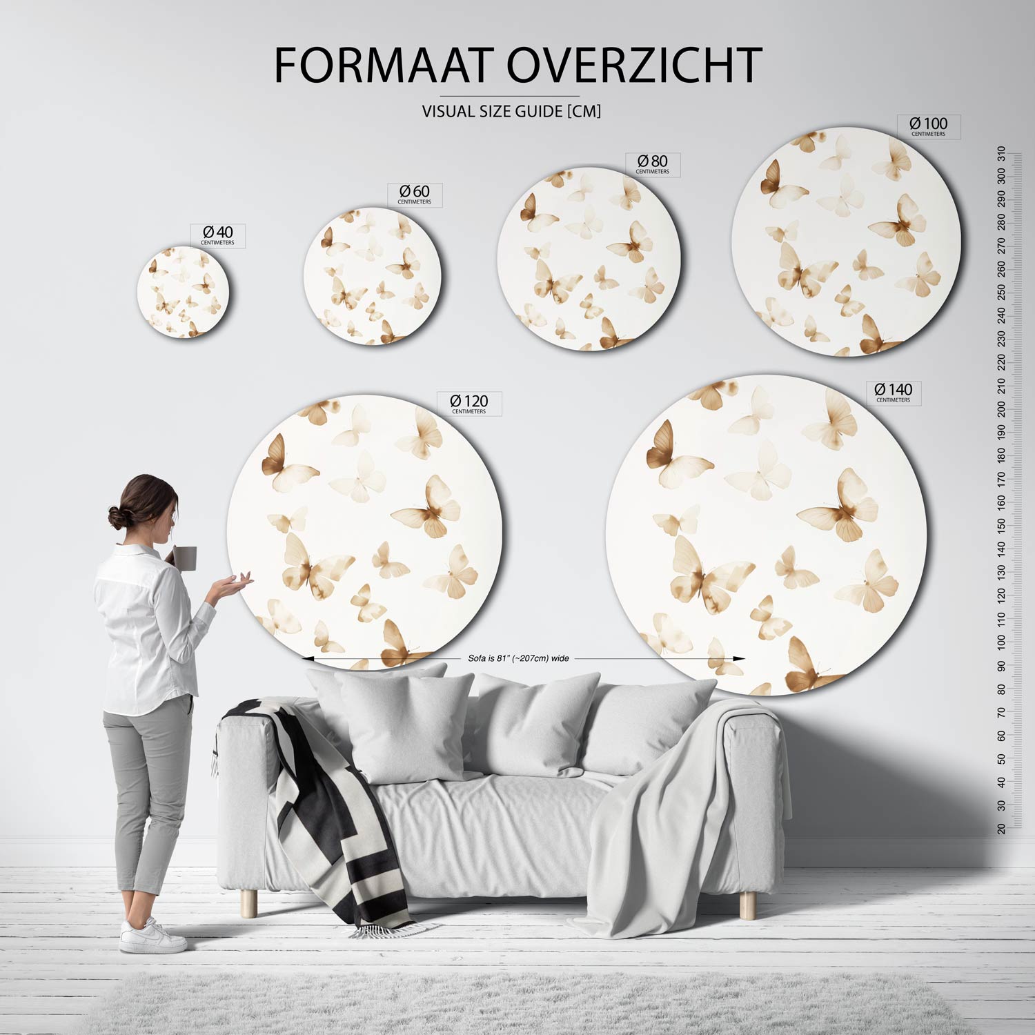 Vlinders in beige Muurcirkel